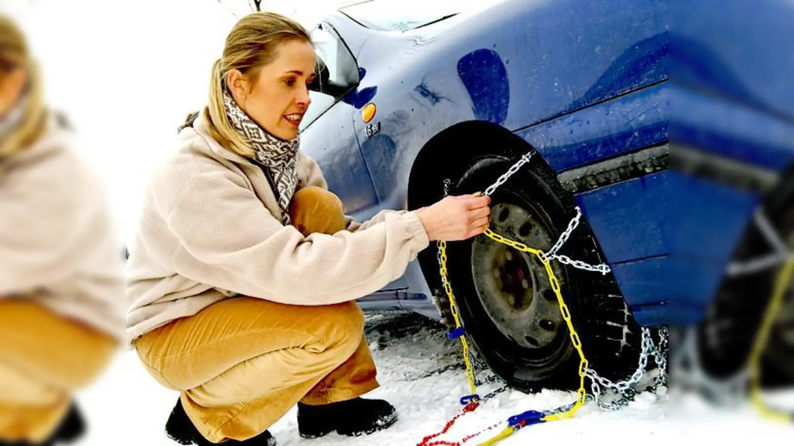  Um vorbereitet zu sein, sollten Autofahrer die Montage von Schneeketten bereits vor der Fahrt in die Berge üben. 	 (Foto: ADAC)