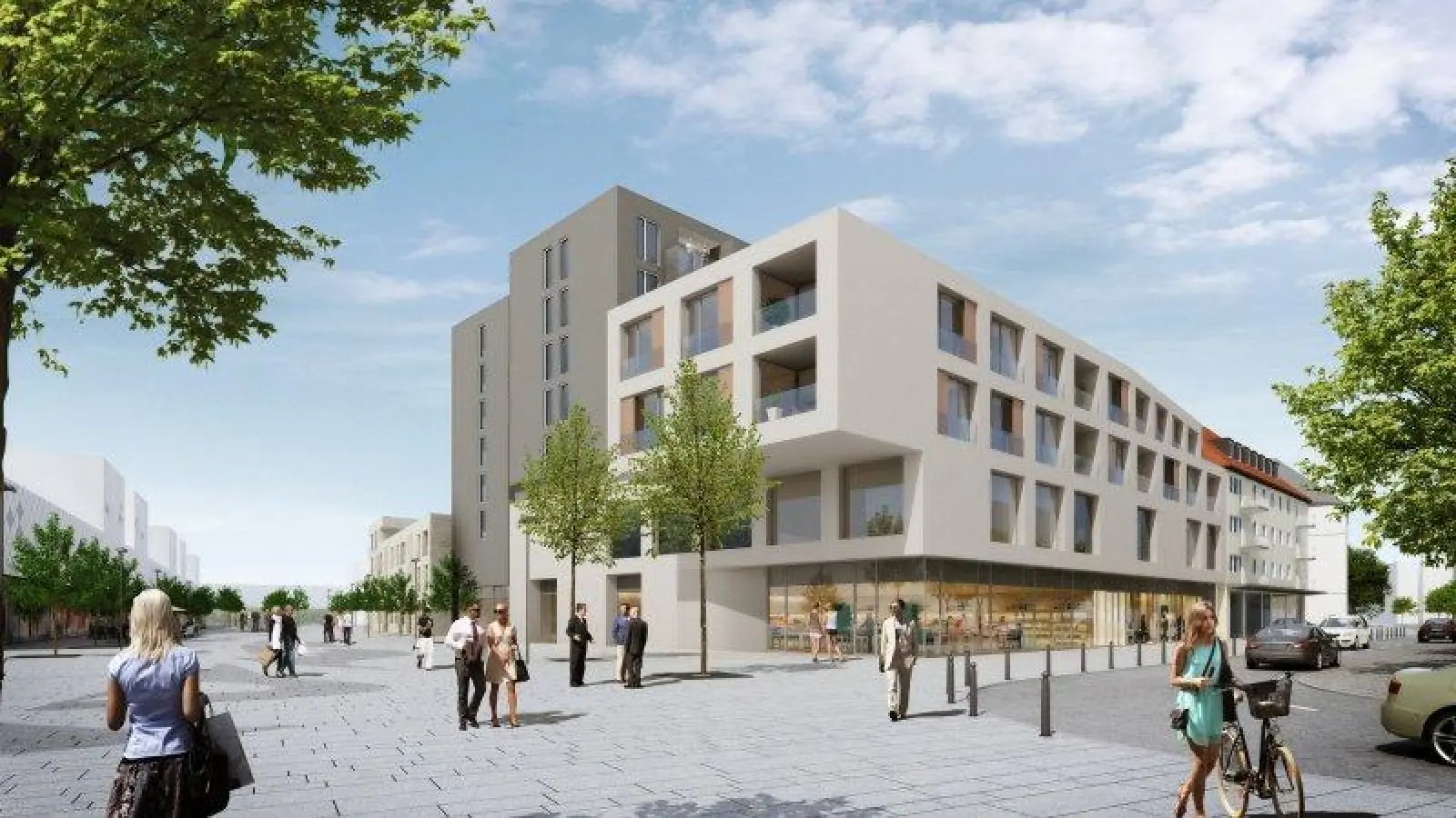 Neues Wohnen und neues Einkaufen in der Bäckerstraße: bis Mitte 2019 sollen am Anfang der Bäckerstraße circa 70 Wohnungen und zwei Etagen für Einzelhandel entstehen. Das Hochhaus und die Bebauung Am Schützeneck bleiben stehen, bekommen aber eine neue Fassade. (Foto: German Estate Group)