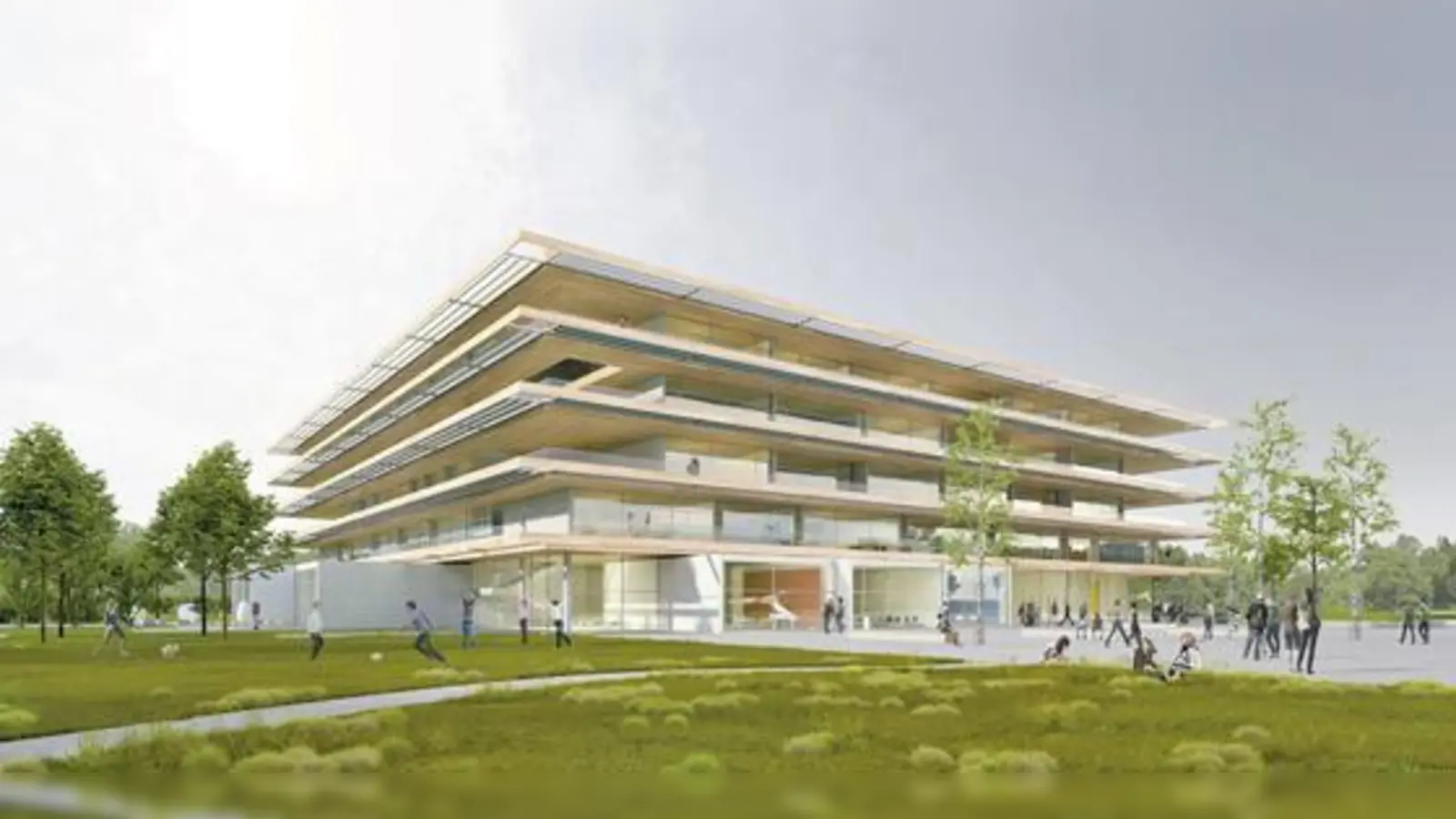 So könnte der Neubau des Kirchheimer Gymnasiums aussehen. Er soll im Ortspark errichtet werden, südlich der Grund- und Mittelschule.	 (Foto: Heinle, Wischer und Partner)