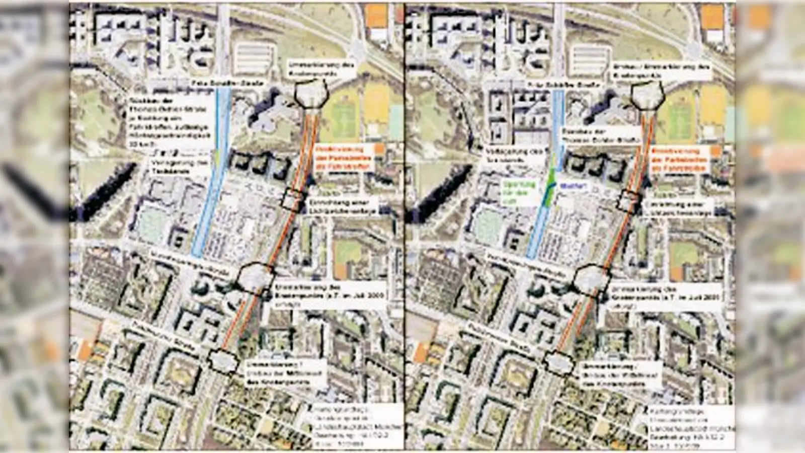 Im Planfall 1 (li.) wird die Thomas-Dehler-Straße zur 30er-Zone, im Planfall 2 (re.) würde sie komplett gesperrt werden.  (Foto: Planungsreferat LH München)
