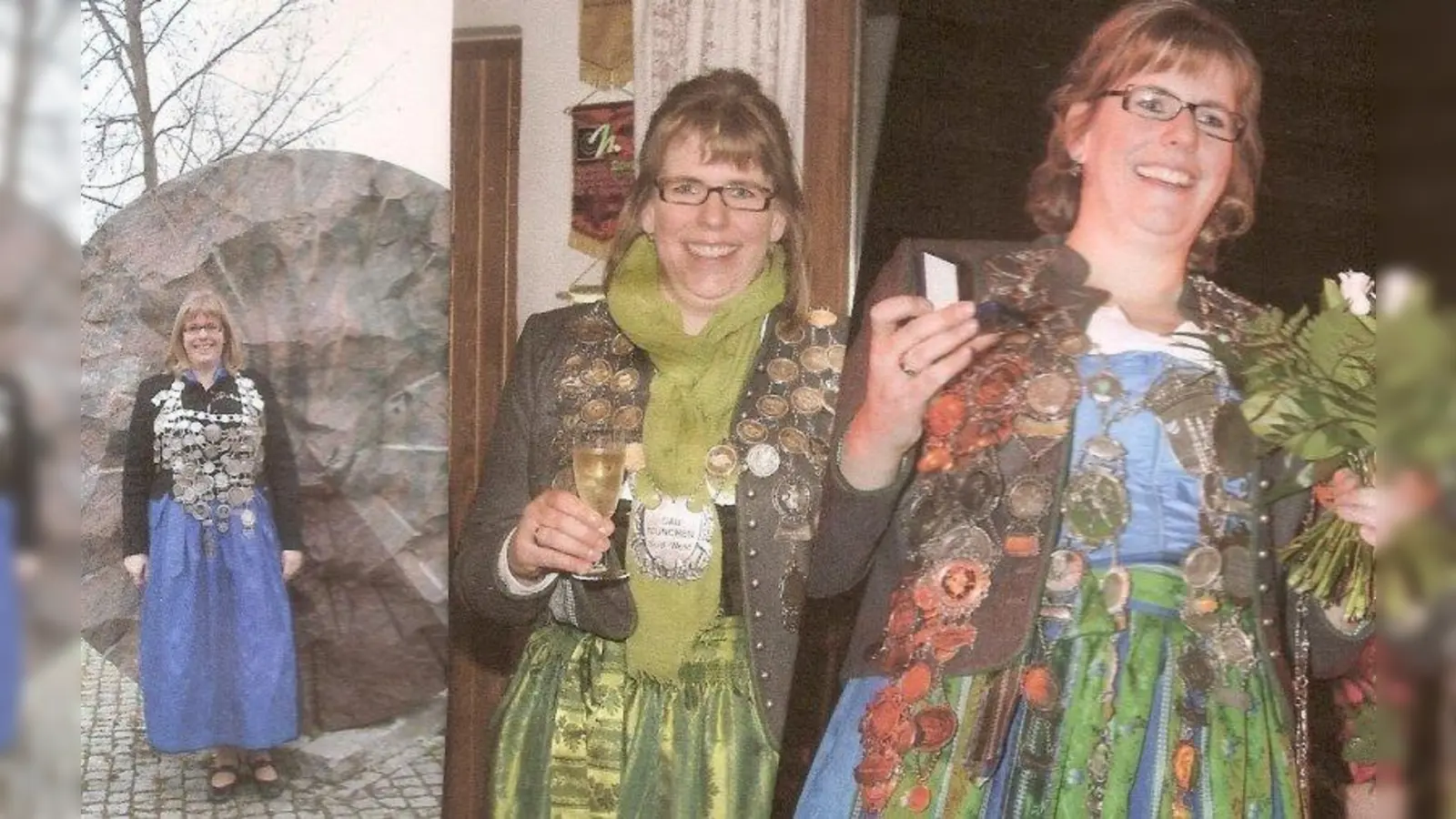 Eine Frau, drei Titel: Verena Schärtl ist Vereinskönigin der SG Grabenfleck (l), Königin des Gaus München Süd-West (Mitte) und Schützenkönigin des Bezirks München (r). (Foto: Heidrun Gühlstorf)