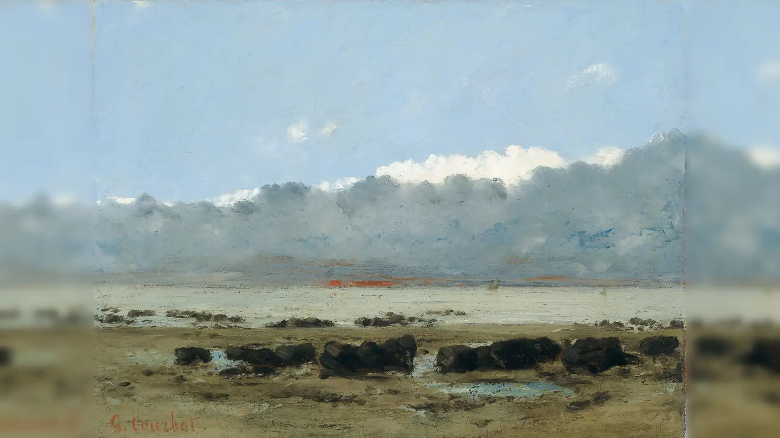 Stimmungsvolle Wetter- und Landschaftsstudie von Gustave Courbet, Schwarze Felsen bei Trouville, 1865, Öl / Leinwand, Städtische Galerie im Lenbachhaus und Kunstbau München, Dauerleihgabe der Christoph Heilmann Stiftung. (Foto: Engelbert Seehuber, München)