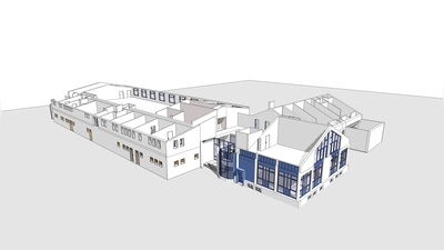 Erneuert und ausgebaut wird insbesondere der erste Stock über der bestehenden Fahrzeughalle (Gebäude im Bild links).  (Foto: meuer - planen beraten Architekten GmbH)