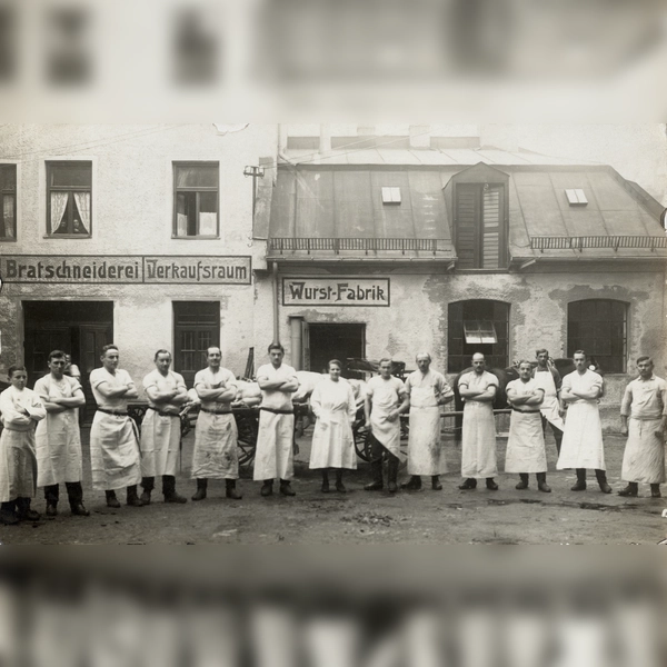 Metzger vor den Produktionsgebäuden der Sendlinger Wurst-Fabrik, aufgenommen 1922. (Foto: Stadtarchiv München	DE-1992-FS-PK-STB-13936)