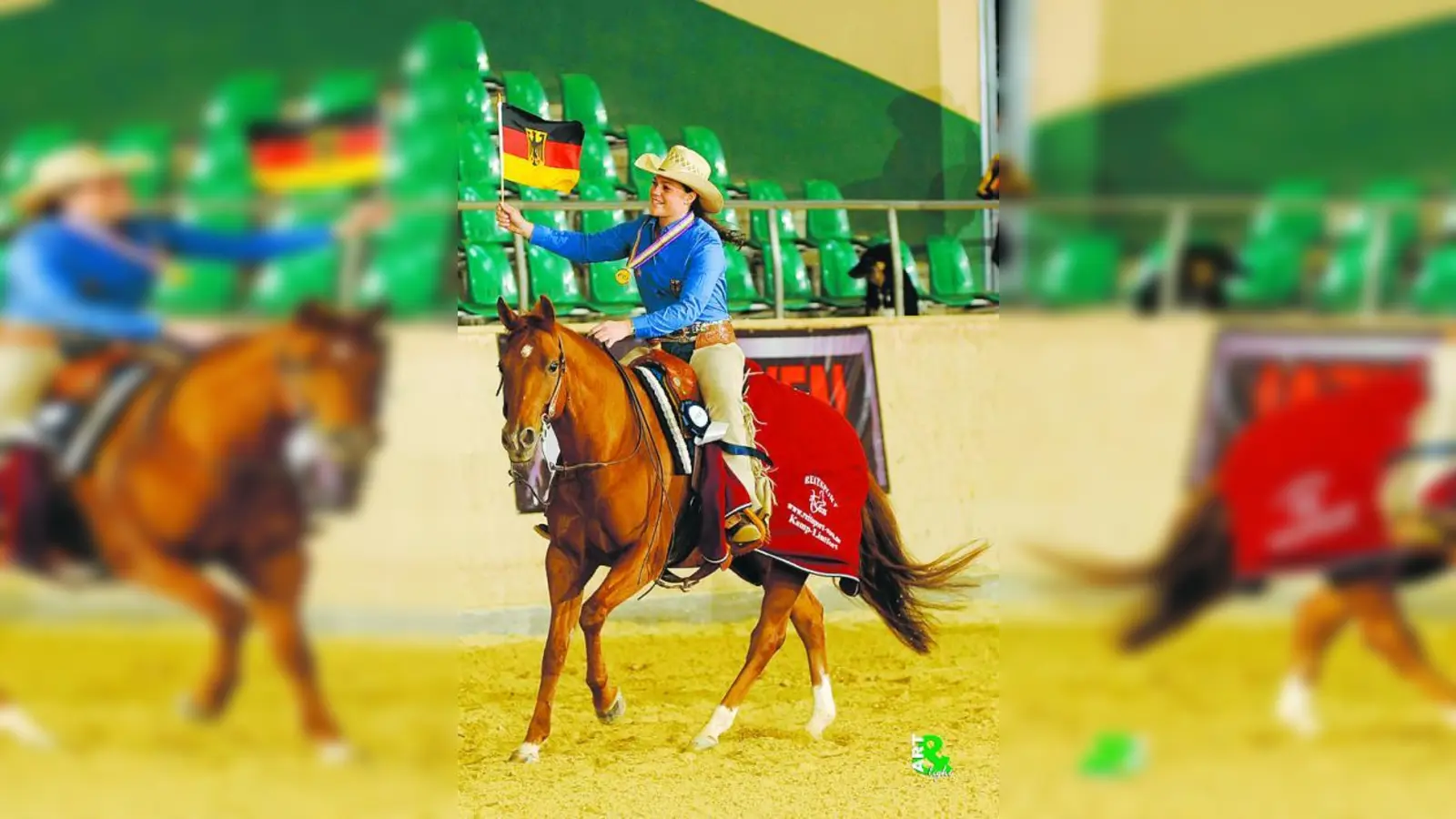 Patricia Escoda aus Karlsfeld und ihr Pferd „Mr. Desperados Sun“ feiern den Europameister-Titel.