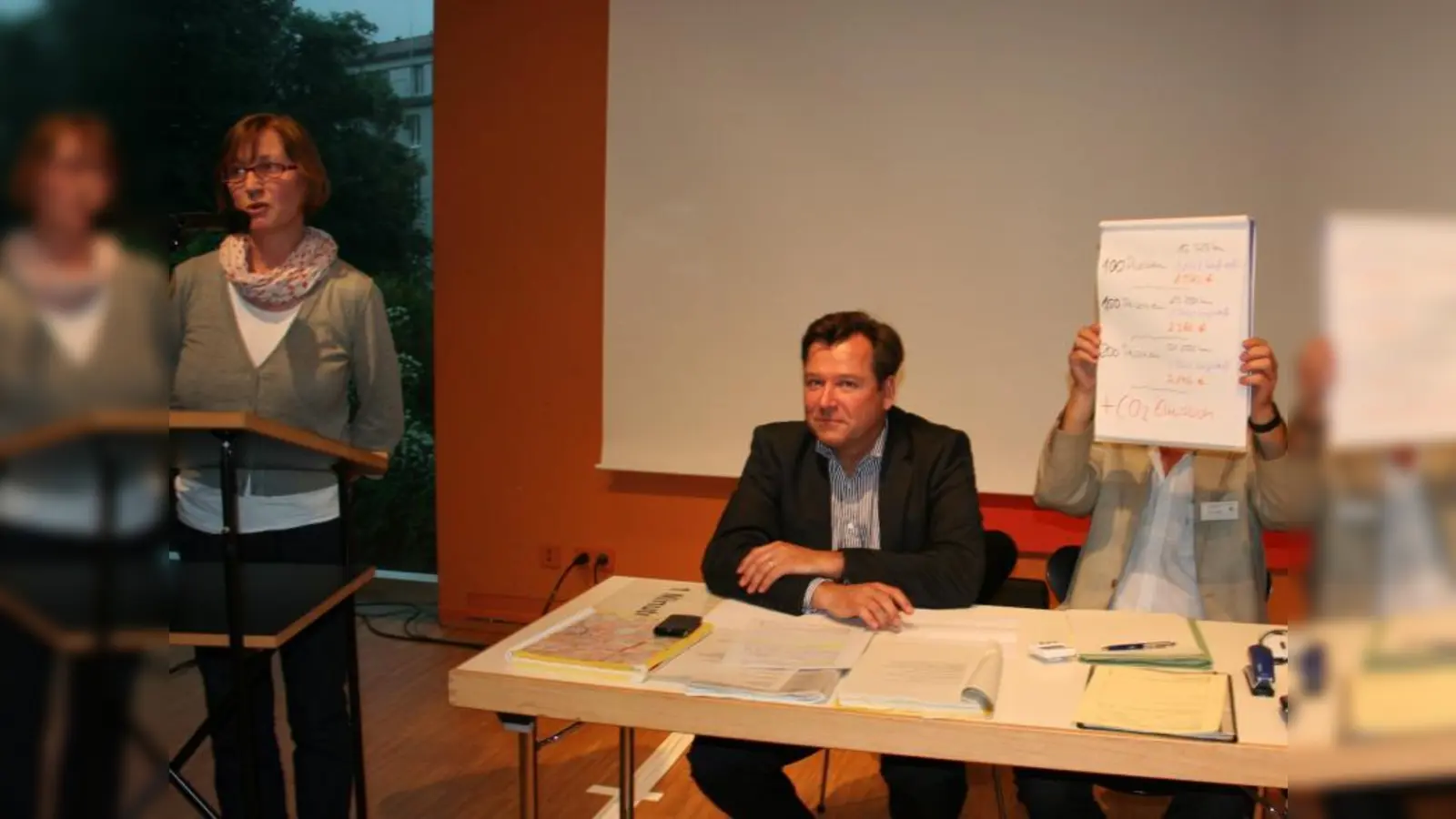 Angelika Füßl-Geier berechnete, welche Umwege die Einbahnstraßen im Bereich der Barth-, Westend- und Anglerstraße erfordern. Versammlungsleiter Josef Schmid hörte aufmerksam zu. Erich Ganz vom Direktorium hielt die Rechenkünste hoch. (Foto: tg)