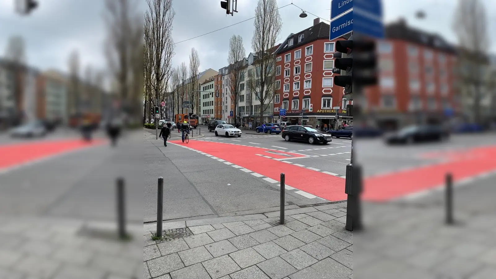 Kreuzung von Lindwurm-/Herzog-Heinrich-Straße mit Fahrradfurt und Linksabbiegespur für den Radverkehr. (Foto: Landeshauptstadt München/KVR)