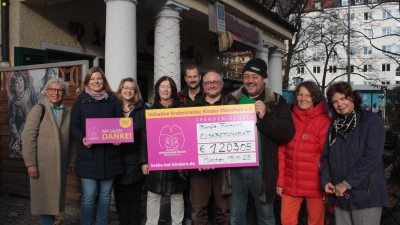 Freude bei der Übergabe der Spende u.a. mit Kerstin Brunn und Susann Elsner (Zweite und Dritte von links) von der Initiative, Wintergarten-Wirt Iganz Schmid (Mitte) und Organisator Jörg Pohl (Dritter von rechts). (Foto: job)