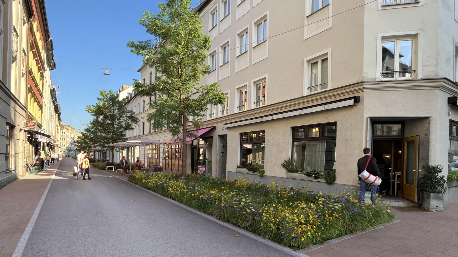 Die Schwanthalerstraße könnte im Zuge der Maßnahmen fürs Nachbarschaftsviertel zur Fußgängerzone werden und statt Parkplätzen Grün- und Aufenthaltsflächen freigeben, wie in dieser Visualisierung gezeigt. (Foto: LHM / Rakete)