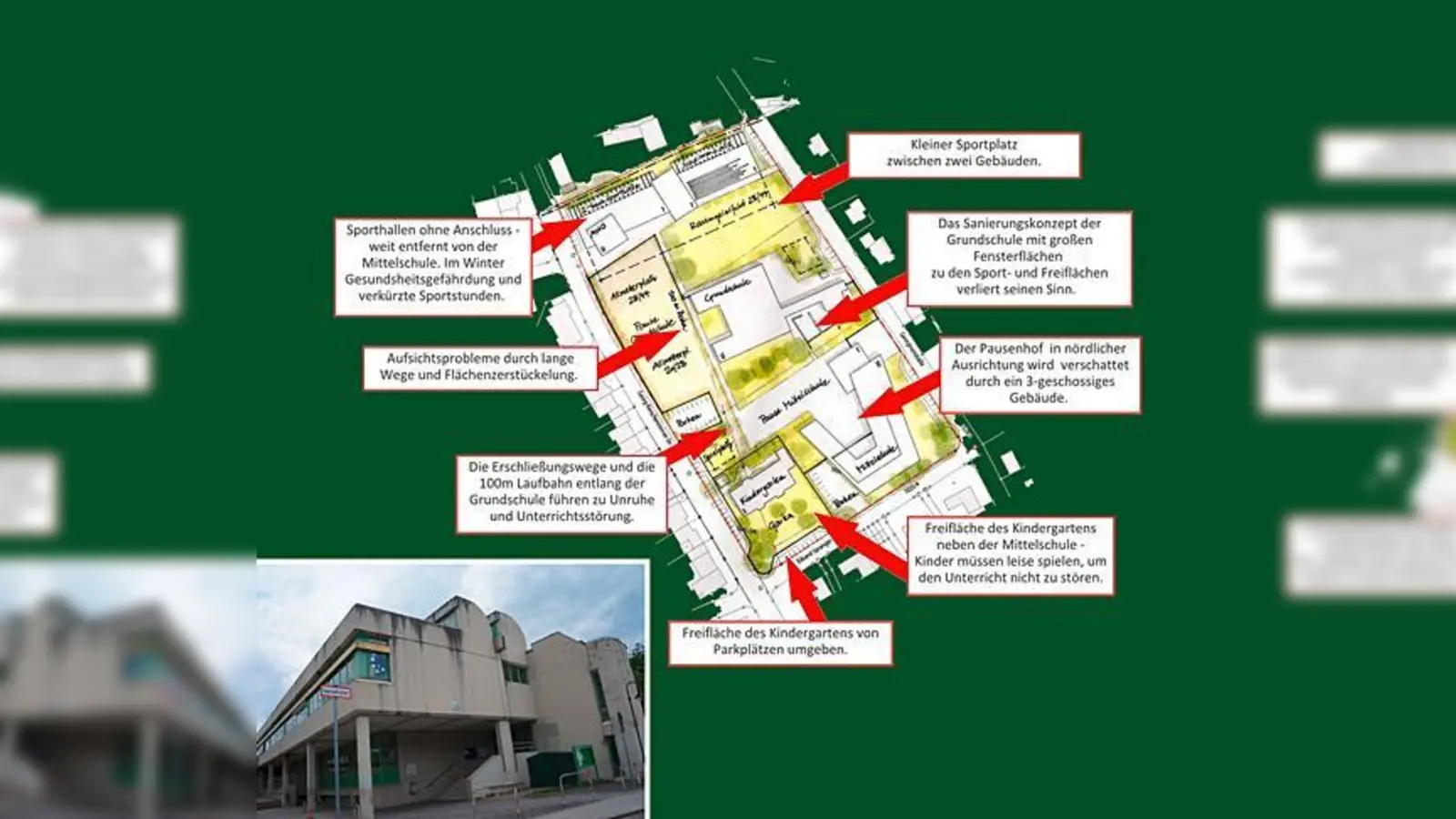Einigkeit besteht darin, dass die alte Mittelschule neu gebaut werden soll, nur über den Standort können sich die Beteiligten nicht einigen. Die JA-Befürworter fürchten eine Zerstückelung des Schulareals beim Bau an neuer Stelle wie hier sichtbar.  (F: hw/V)