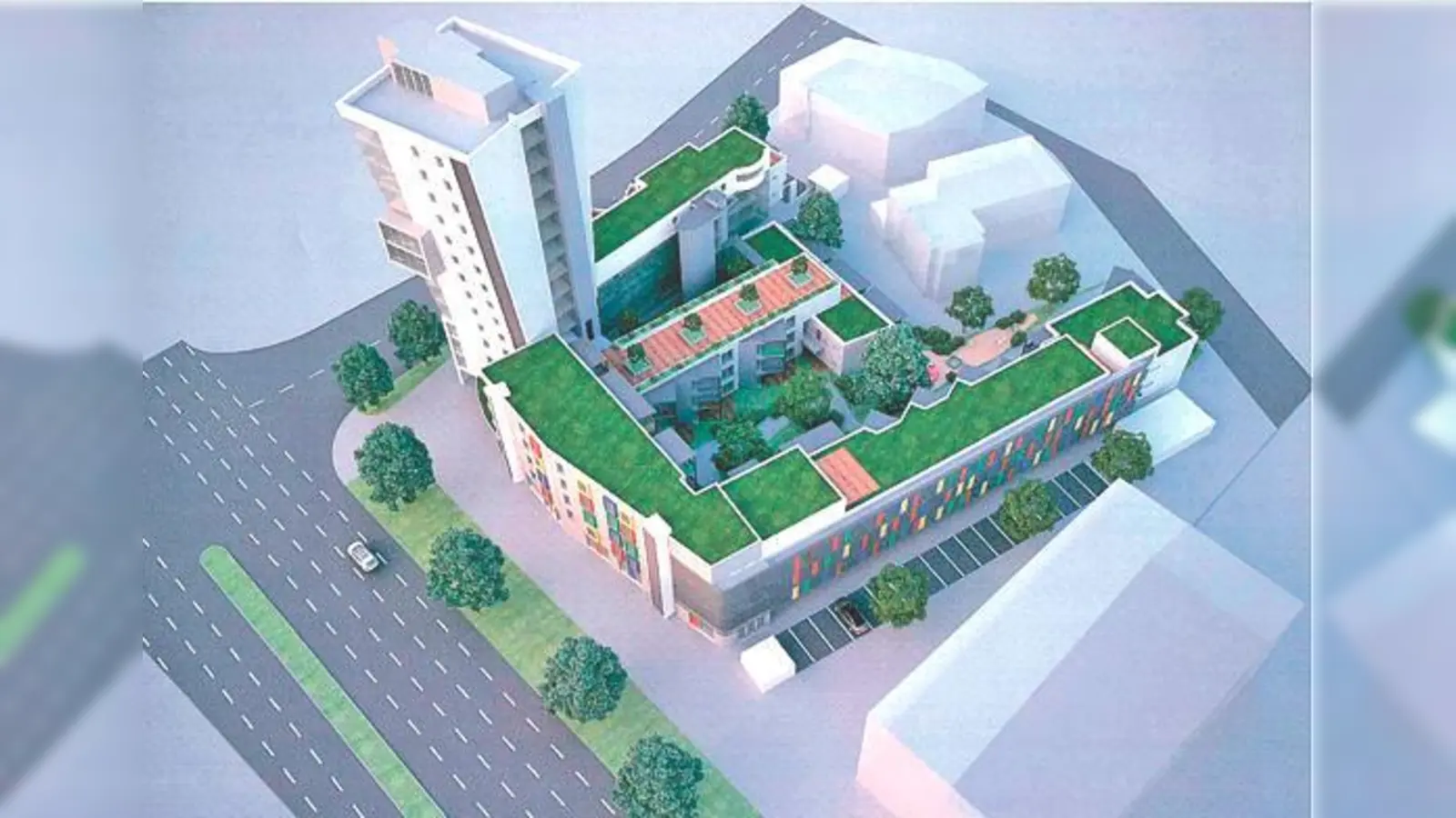 An der Ecke Münchener Straße / Jagdfeldring soll dieses Ensemble aus Hochhaus und Randgebäuden mit insgesamt 99 Wohneinheiten entstehen. 	 (Foto: Architekten Kock/Daberkow)