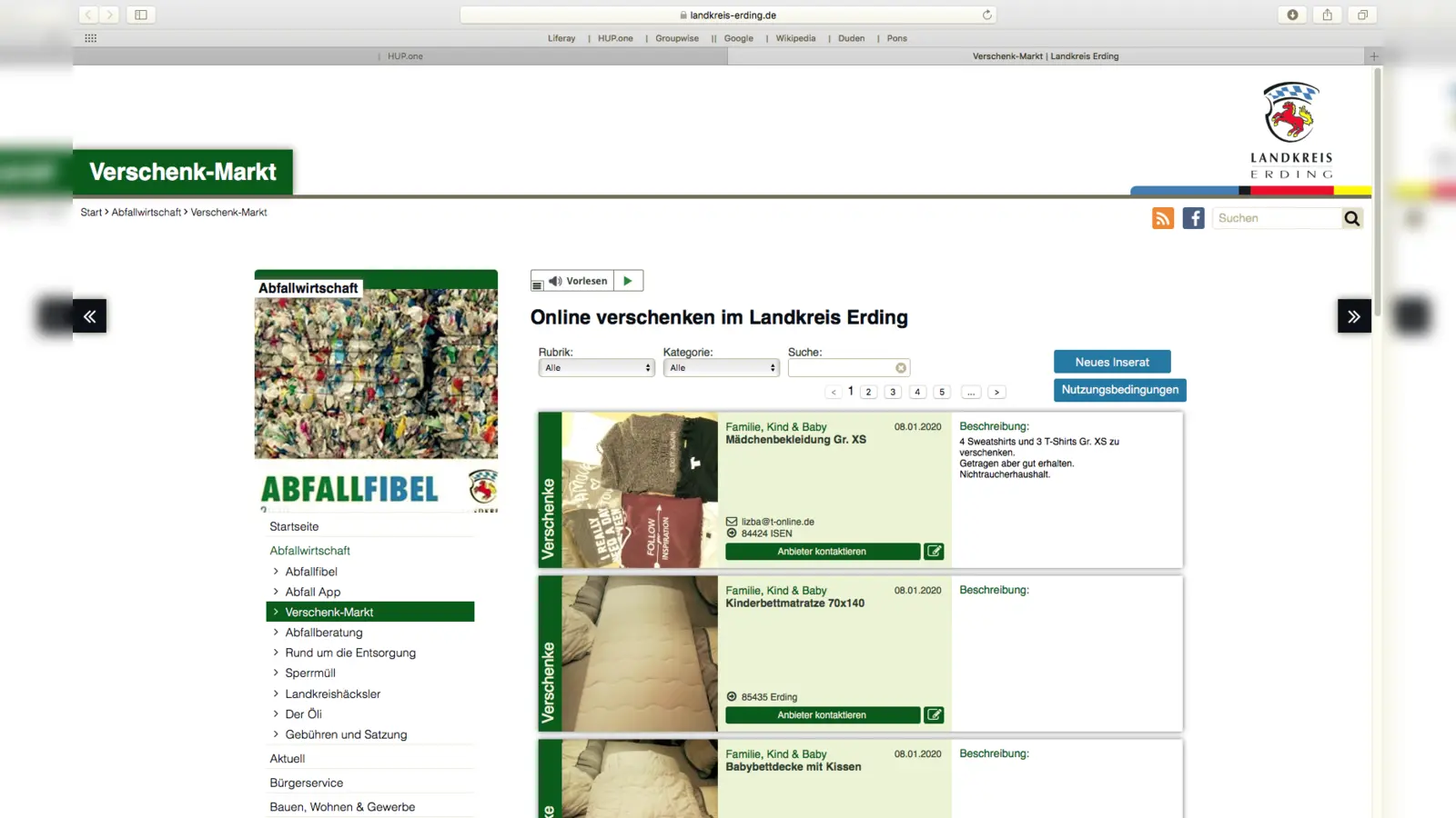 Der regionale Verschenk-Markt des Landkreises Erding ist seit Jahresbeginn online. (Foto: Bildschirmfoto )