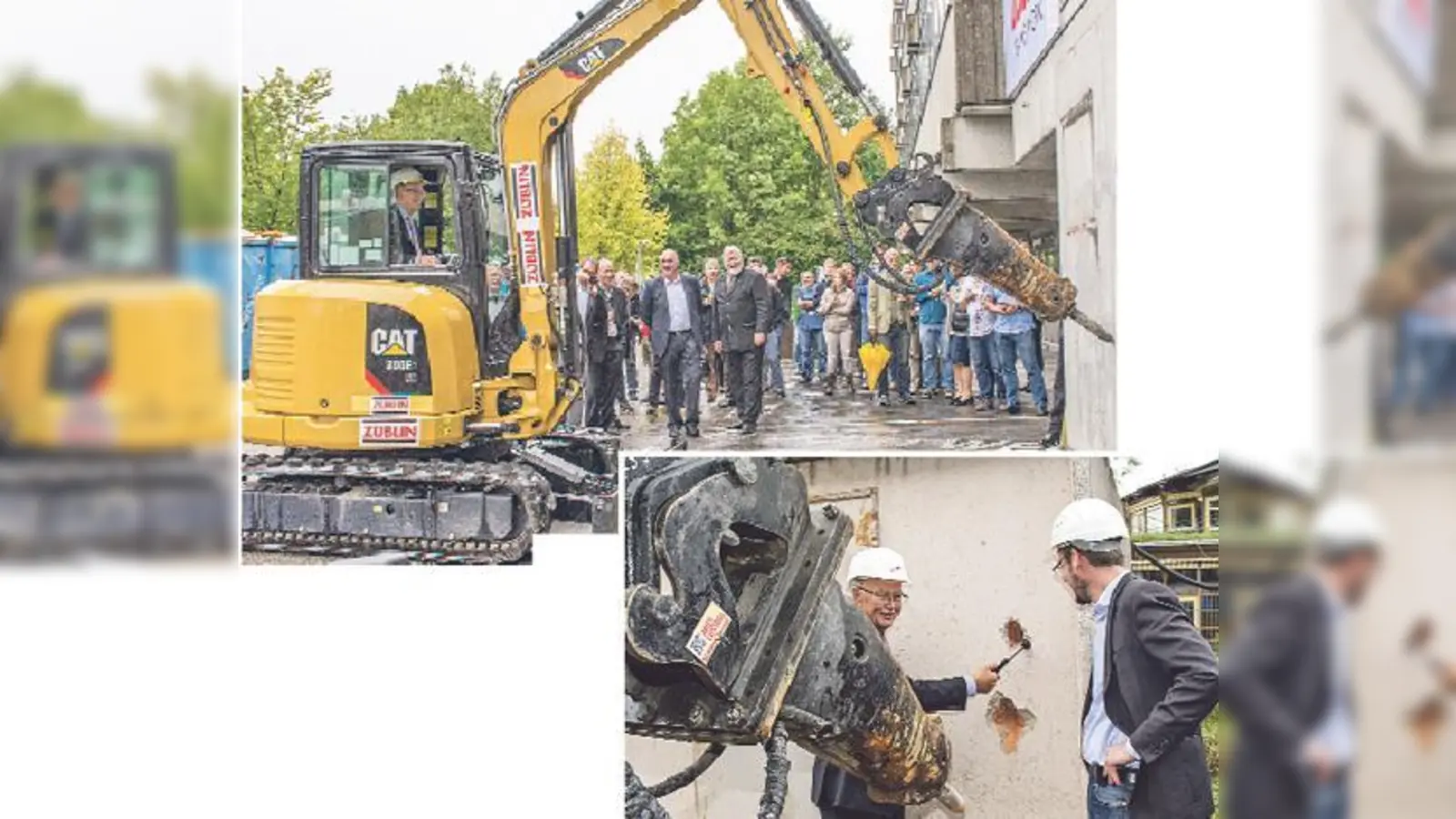 Bezirkstagspräsident Josef Mederer fährt symbolisch den Abrissbagger und schwingt den Hammer (re.): Vergangene Woche begann offiziell der Abriss und die Generalsanierung des Berufsbildungswerks München in Johanneskirchen. 	 (Foto: BBW)