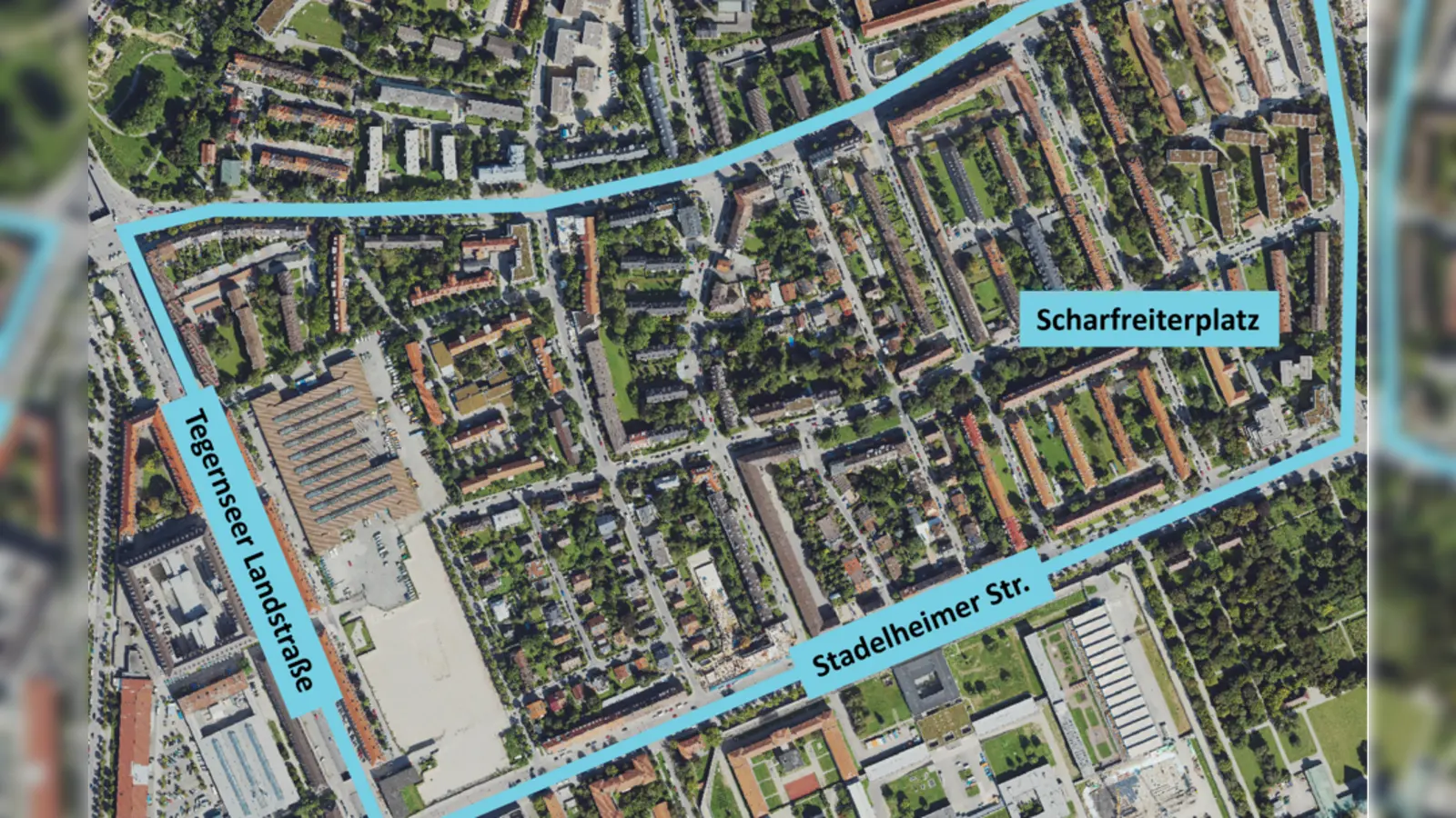 Das Quartier rund um den Scharfreiterplatz. (Foto: RKU/GeoInfoWeb)