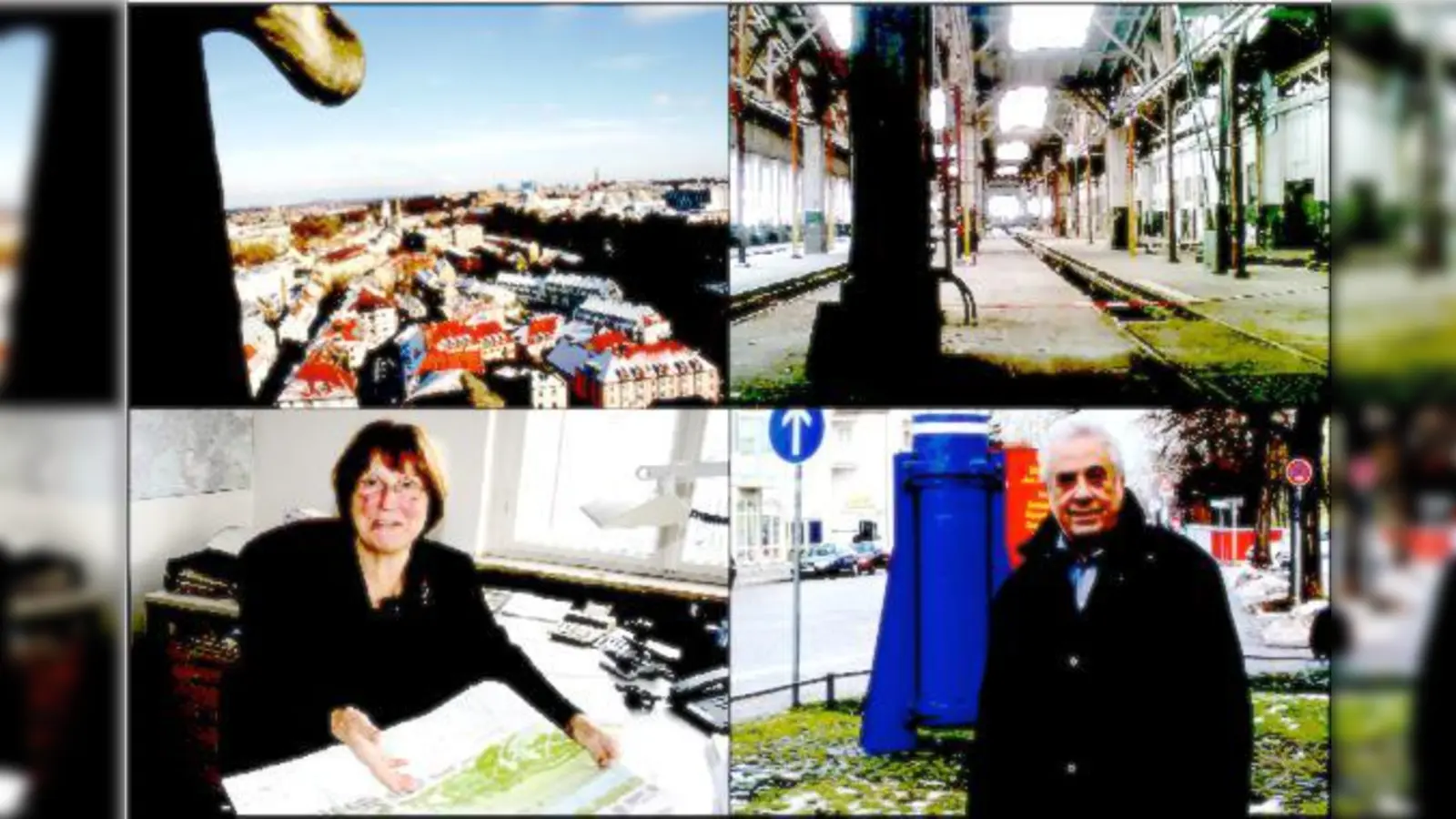 Viel zu tun hatten die BA-Vorsitzenden Dietz-Will (li. unten) und Koch (re. unten) 2010. Links oben: Blick auf Haidhausen vom Turm der Mariahilf-Kirche aus. Rechts  (Foto: das ehemalige Bahnbetriebswerk, Baumkirchner Straße, das Museum werden könnte.)