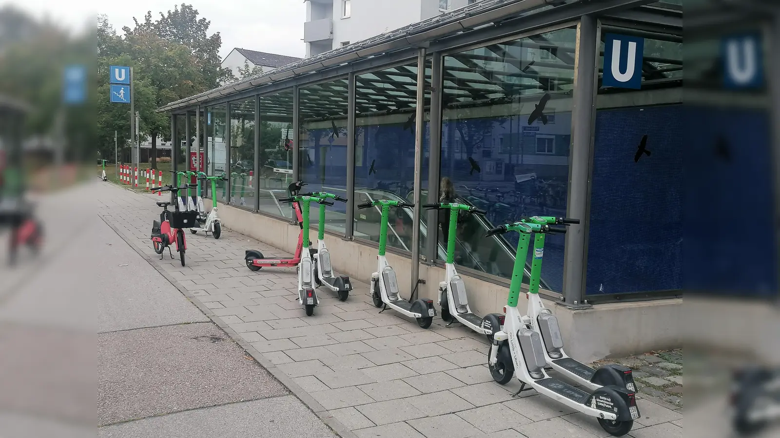 Ein längst alltägliches Bild an vielen U-Bahn-Zugängen: Kreuz und quer zurückgelassene E-Scooter (hier ein ganzes Dutzend) machen den Gehweg unpassierbar und zur Stolperfalle für Sehbehinderte. (Foto: job)