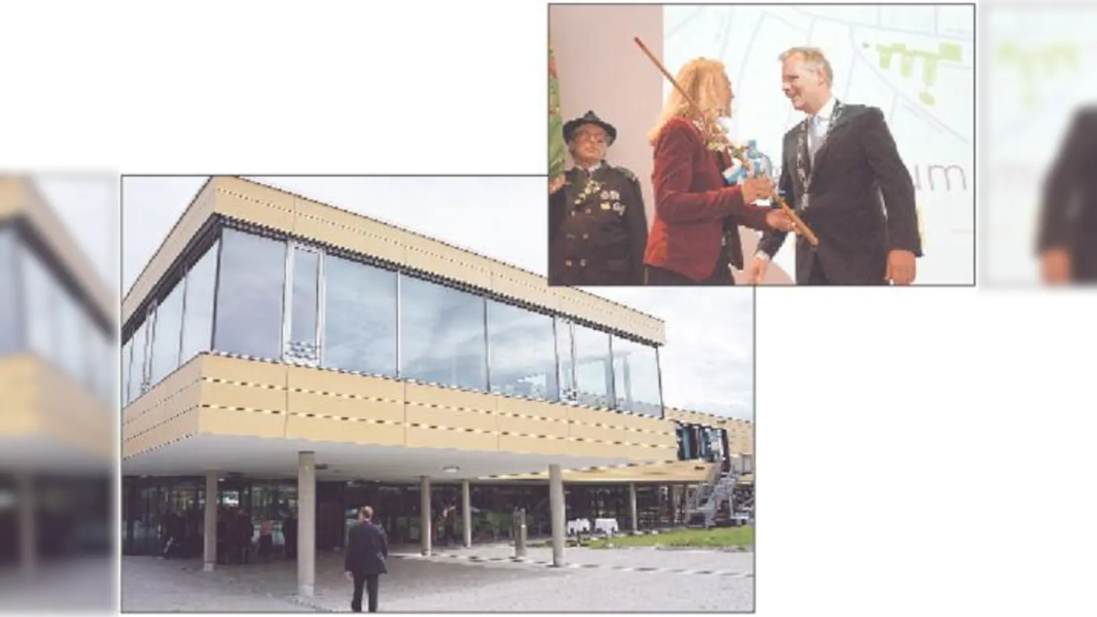 Das neue Grünwalder Gymnasium hat rund 61 Millionen Euro gekostet und wartet mit innovativster Technik und Konzepten auf. Foto kl.: Schulleiterin Birgit Korda freute sich sichtlich über das Geschenk von Bürgermeister Jan Neusiedl.  (Foto: hw)