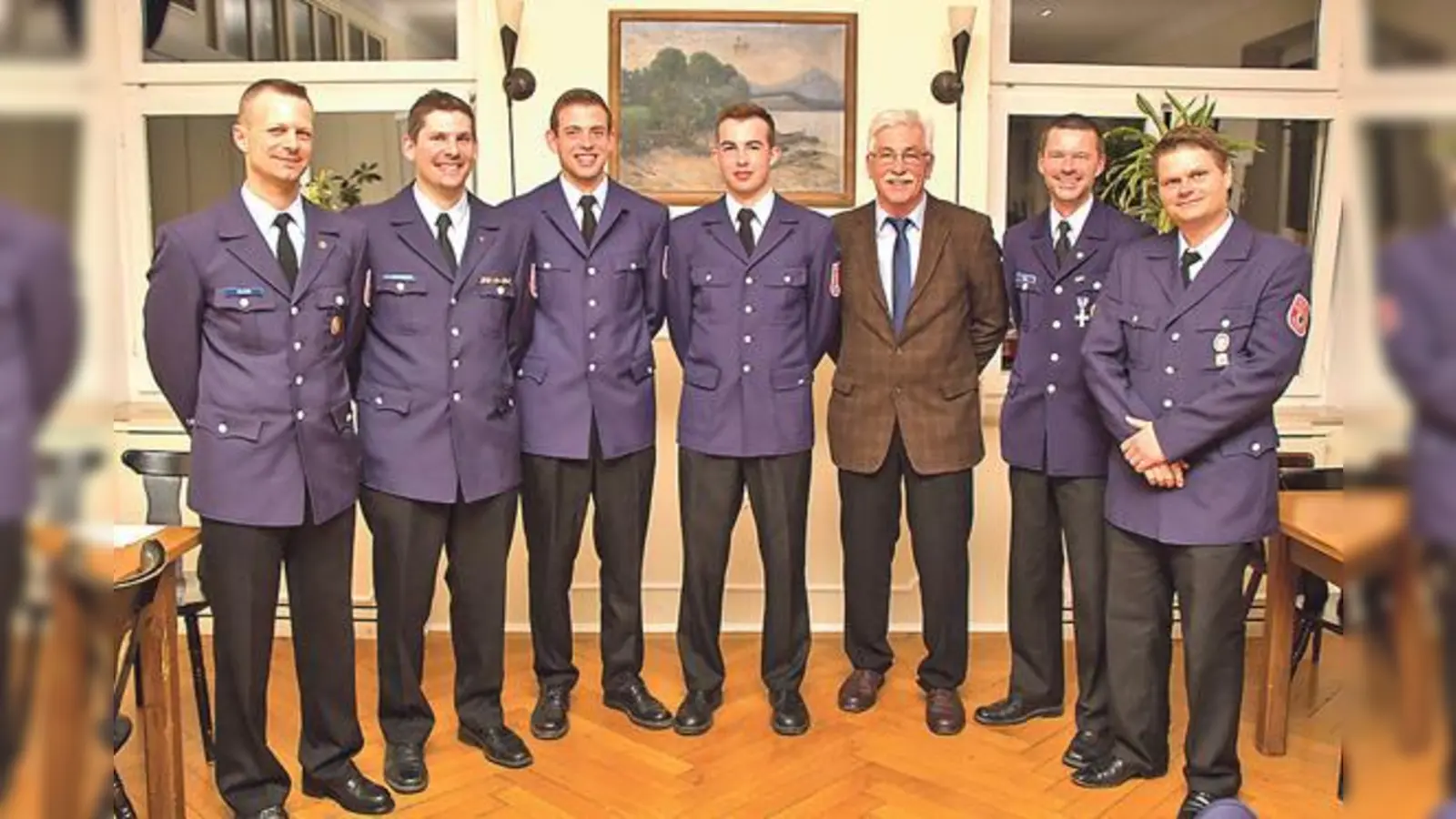 Abteilungsführer Florian Klein, Jubilare Andreas Gattinger und Christian Faltermaier, OFM Johannes Prummer, Vereinsvorsitzender Franz Gattinger, Stellv. Abt.Führer Andreas Roth und Schriftführer Alexander Englberger (v.l.).	 (Foto: privat)