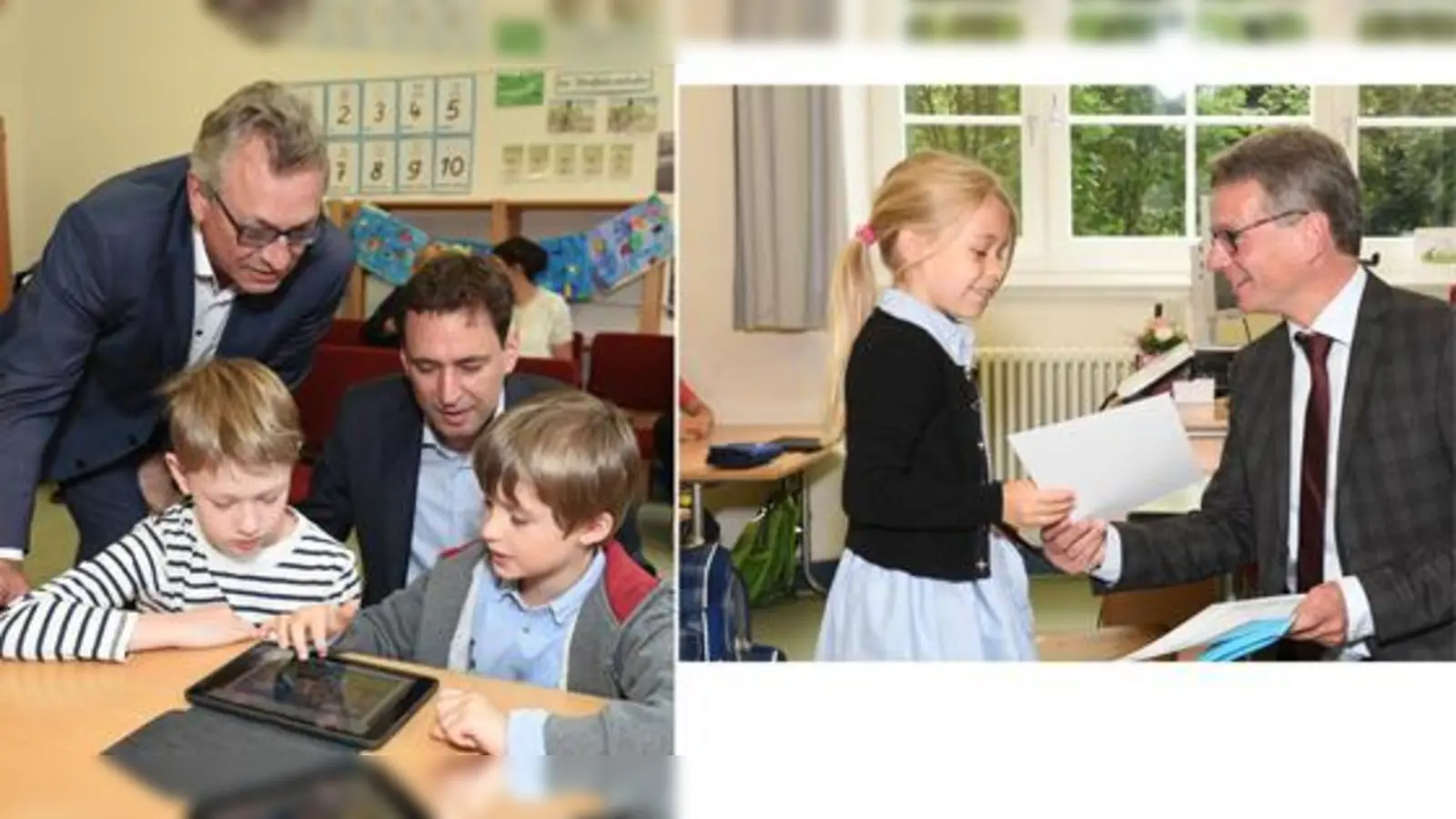 Georg Eisenreich (Bild links) und Siegfried Schneider erhielten einen Einblick in die Arbeit mit dem Medienführerschein, ebenso Kultusminister Bernd Sibler, der einer Schülerin ihre Urkunde überreicht.  (Foto: Gabriele Hartmann/Stiftung Medienpädagogik Bayern)