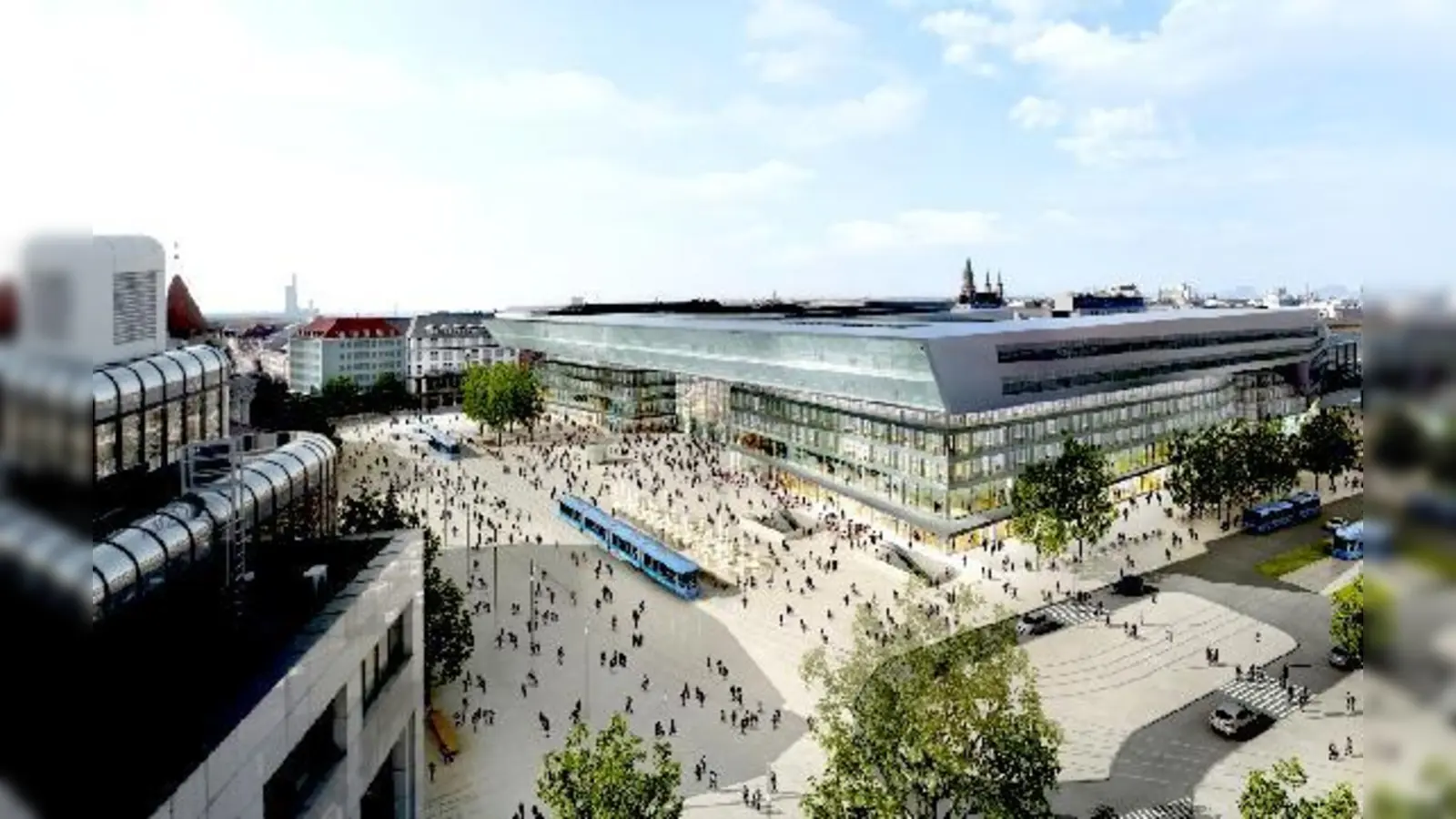 So sieht der Entwurf des Hauptbahnhofs der Architekten Auer Weber von Nordosten her aus. Die Trambahnen befinden sich auf dem Bahnhofplatz.	 (Foto: Im Blickpunkt)
