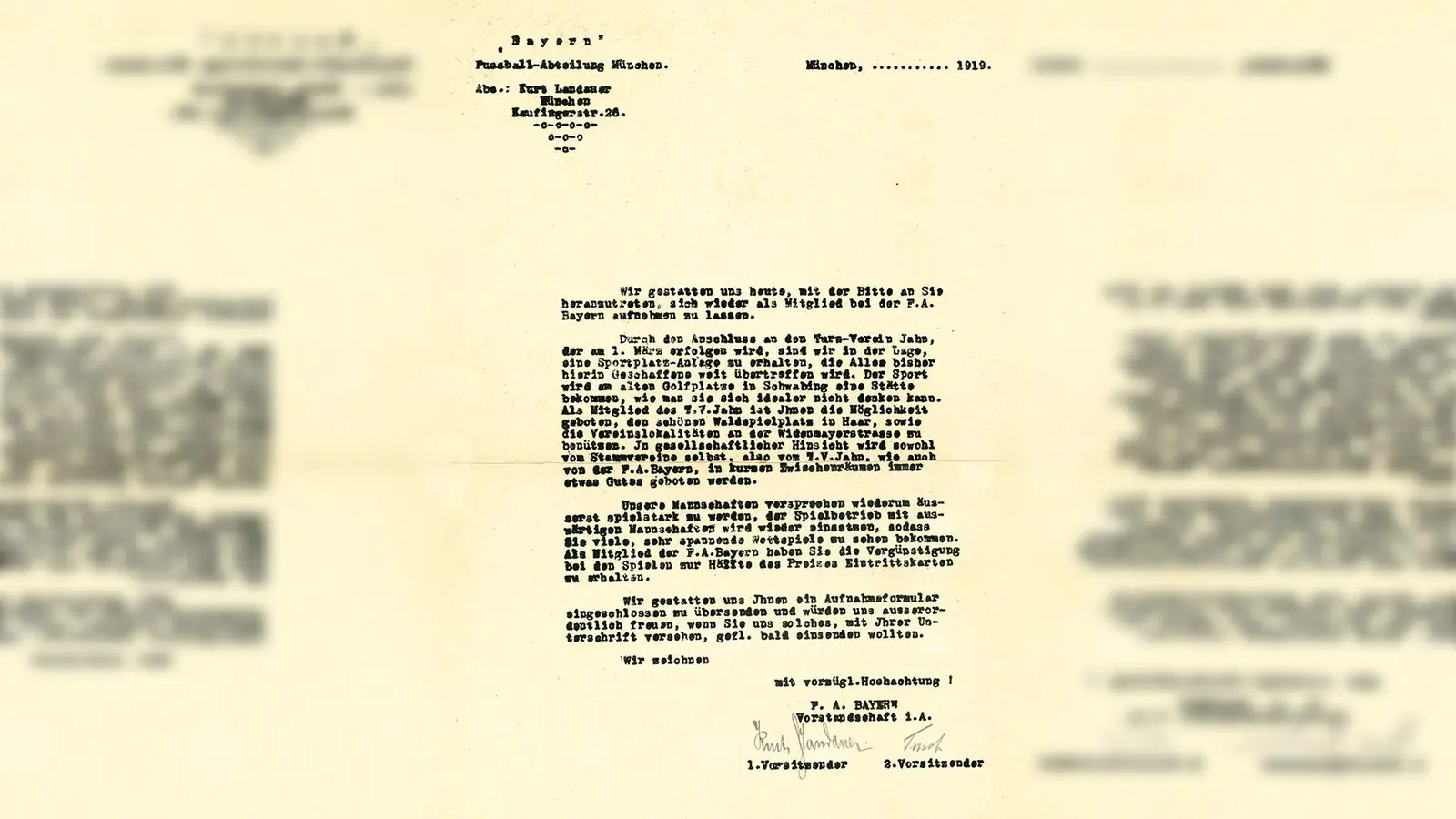 Ein Schreiben des späteren Präsidenten des FC Bayern, Kurt Landauer, zur Information seiner Mitglieder. (Foto: TS Jahn)