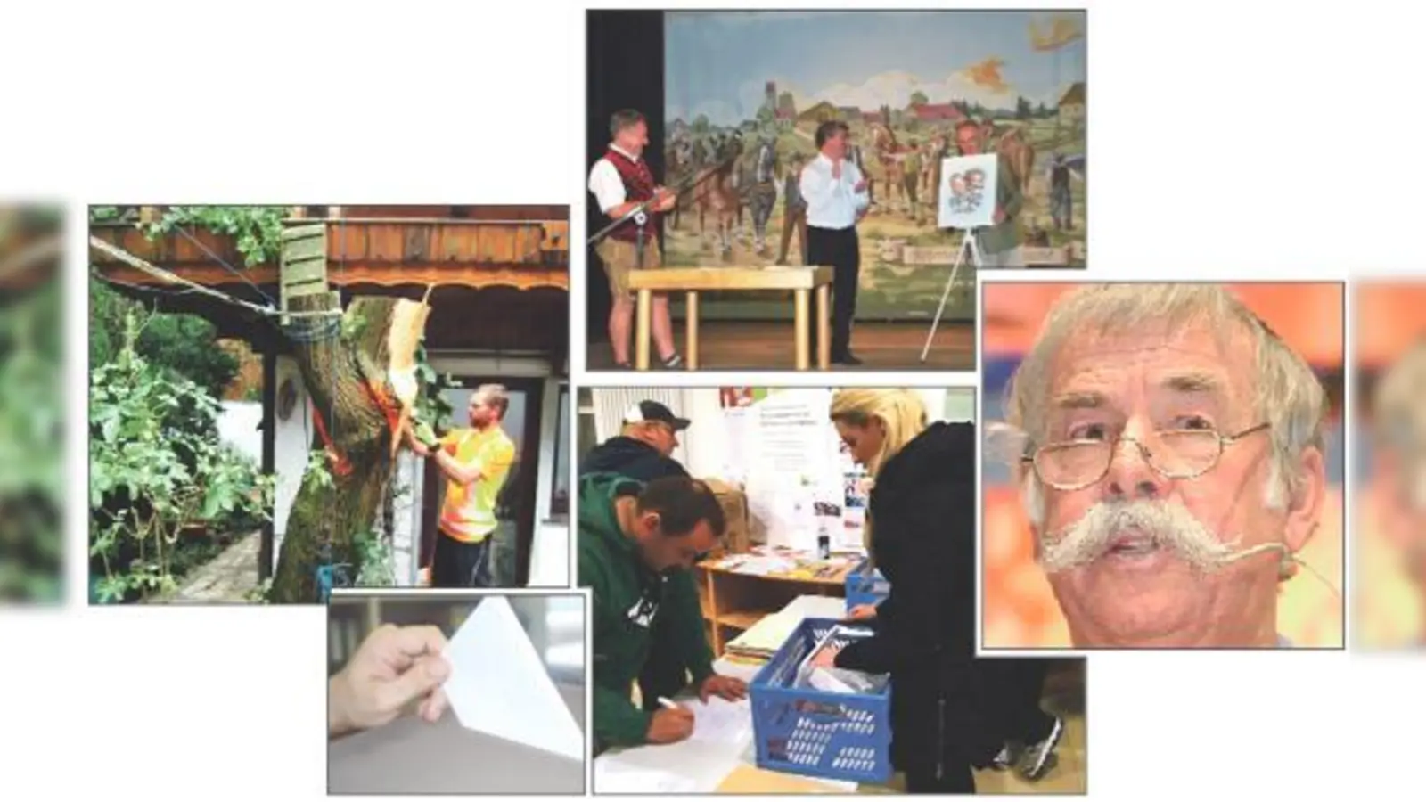 Bei Edda Schindler werden alle Bäume im Garten gefällt (li.). Die Haarer entscheiden, dass es keine Höhenbegrenzung bei Hochhäusern geben wird (unten).  (Re.) Sepp Gneißl in seiner Paraderolle als scheinheiliger Bruder Josef.    (F: ikb/priv/Kulturzentrum)