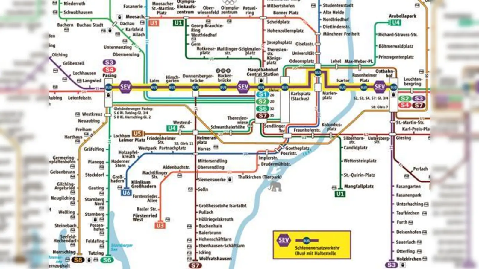 Die S-Bahn-Stammstrecke ist dieses Wochenende gesperrt. Der Schienenersatzverkehr hält am Odeonsplatz anstatt am Marienplatz.	 (Grafik: MVV)