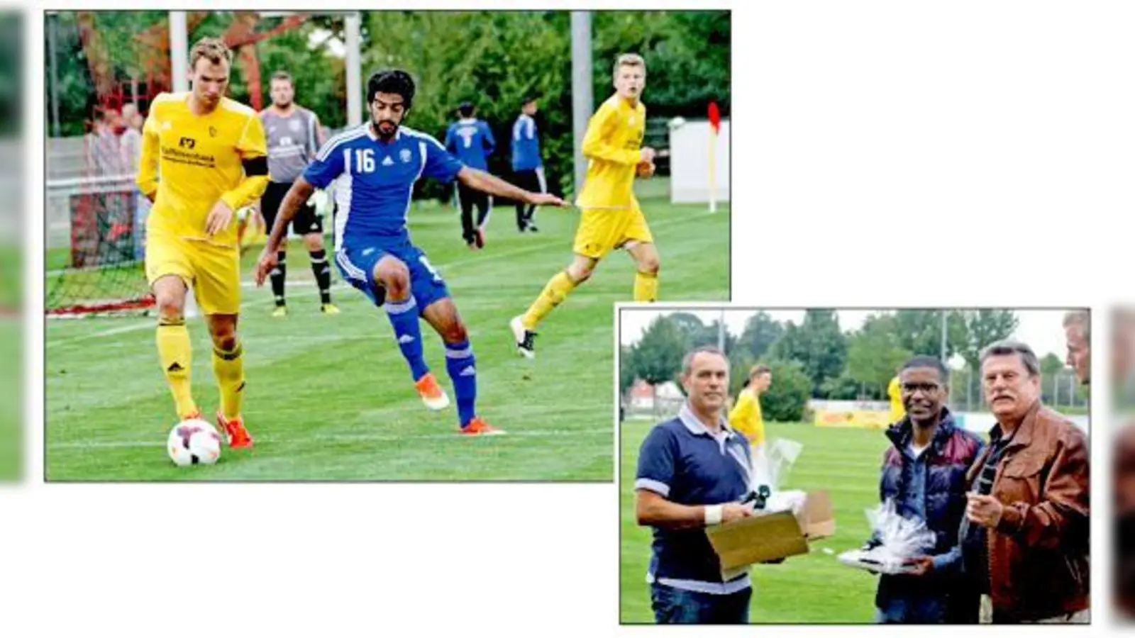 Kapitän Dennis Hammerl im Zweikampf mit einem Spieler von Al Nasr (oben). Bürgermeister Klaus  Stallmeister (rechts) und Zweiter Bürgermeister Josef Niedermair überreichten dem Betreuer von Al Nasr Gastgeschenke der Gemeinde. 	 (Fotos: VfB)