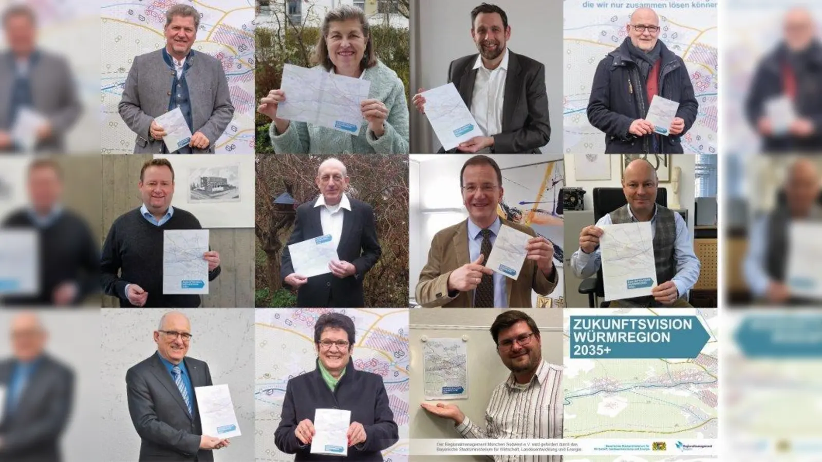 Oben von links: Harald Zipfel (Erster Bürgermeister Gemeinde Neuried,<br>Erster Vorsitzender Regionalmanagement München Südwest e.V.), Dr. Renate Unterberg (Vorsitzende Bezirksausschuss Hadern), Patrick Janik (Erster Bürgermeister Stadt Starnberg), Rudolph Haux (Erster Bürgermeister Gemeinde Krailling, Stellv. Vorsitzender Regionalmanagement München Südwest e.V.). Mitte von links: Peter Köstler (Erster Bürgermeister Gemeinde Gräfelfing), Dr. Ludwig Weidinger (Vorsitzender Bezirksausschuss Thalkirchen-Obersendling-Forstenried-Fürstenried-Solln), Andreas Haas (Oberbürgermeister Stadt Germering), Hermann Nafziger (Erster Bürgermeister Gemeinde Planegg). Unten von links: Frieder Vogelsgesang (Vorsitzender Bezirksausschuss Pasing-Obermenzing), Dr. Brigitte Kössinger (Erste Bürgermeisterin Gemeinde Gauting,<br>Stellv. Vorsitzende Regionalmanagement München Südwest e.V.), Sebastian Kriesel (Vorsitzender Bezirksausschuss Aubing-Lochhausen-Langwied). (Foto: Regionalmanagement München Südwest e.V.)