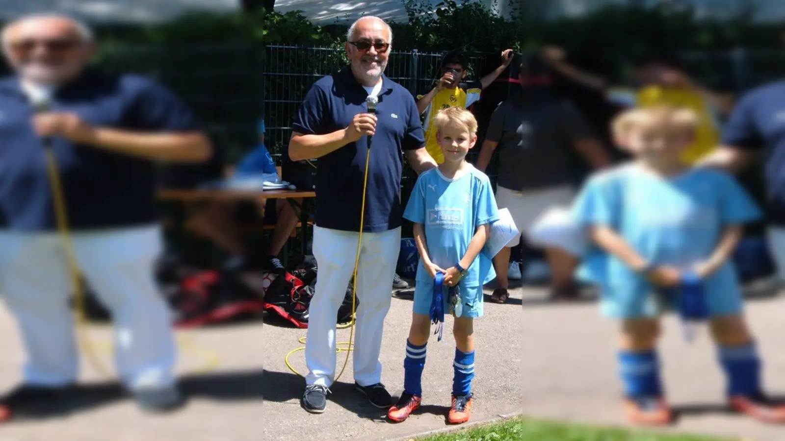 Günter Keller gratuliert dem Teamchef der F-Junioren von TSV Maccabi zum Sieg. (Foto: AH)