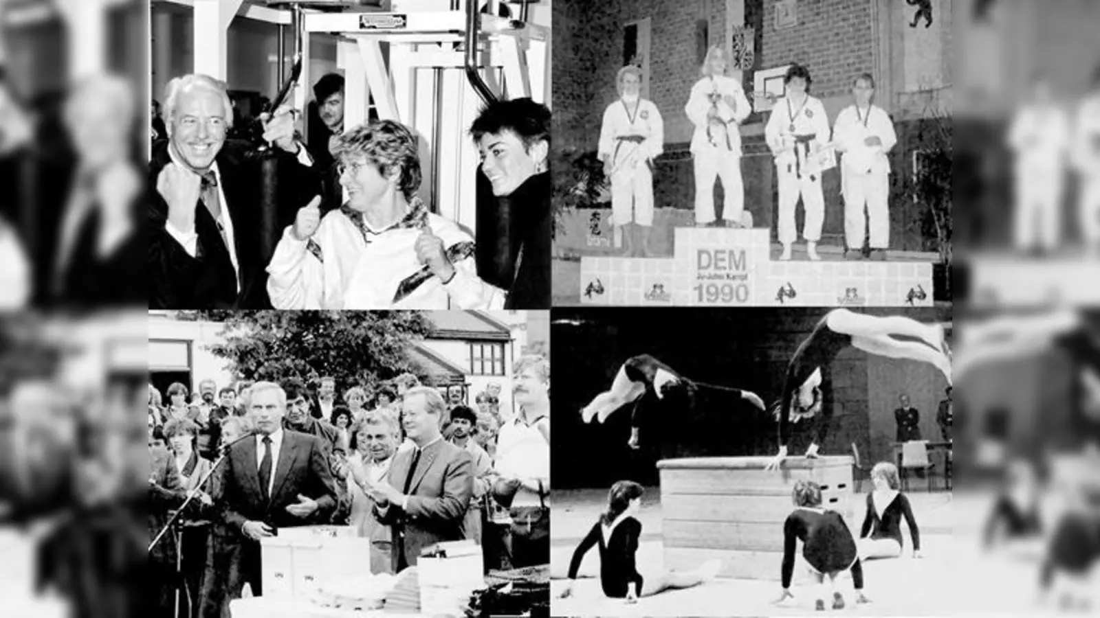 Von oben li.: Norbert Kreitl und Gertraud Burkert bei der Eröffnung des Fitness-Studios, Monika Grasmeier ist Deutsche Meisterin Ju-Jutsu, OB Georg Kronawitter besucht Fußball-Juniorenturnier, Jugendleistungsschau.   (Foto: Archiv SVN)