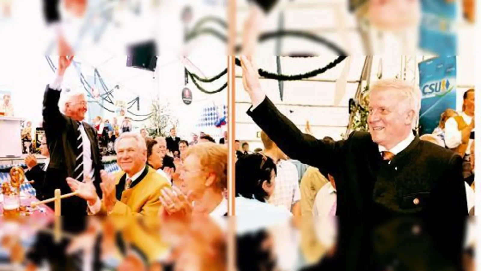 Vizekanzler Frank-Walter Steinmeier und Hermann Memmel, MdL a.D. (li.) sowie Ministerpräsident Horst Seehofer (re.) im Festzelt Trudering.	 (Foto: S. Föll/Werner Ruf)