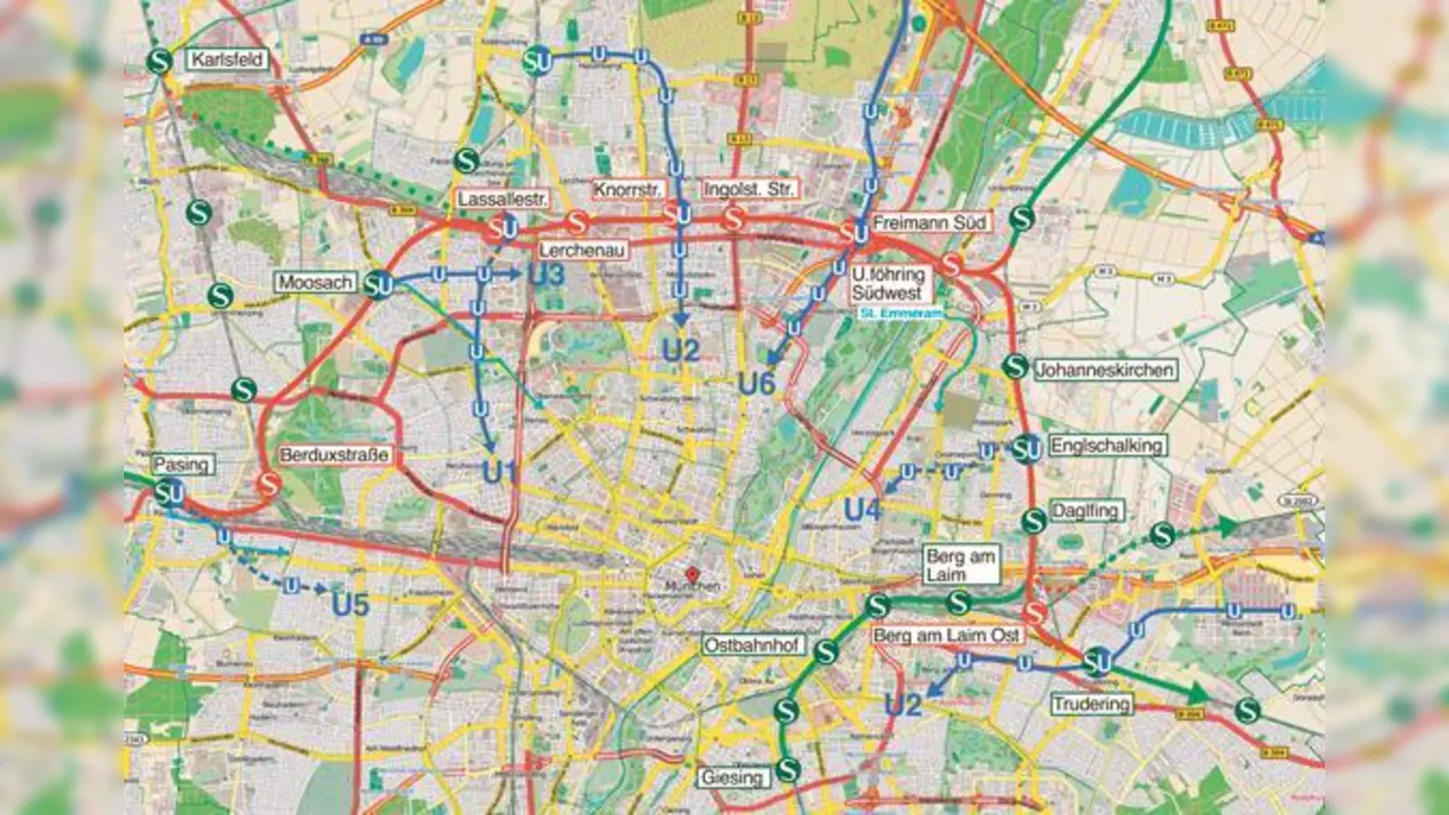 Piazolos Entwurf sieht die Installierung von sechs neuen S-Bahnhöfen im Münchner Norden vor. Darstellung: Vieregg-Rössler GmbH,  (Foto: © OpenStreetMap-Mitwirkende, liz. unter CC-BY-SA)