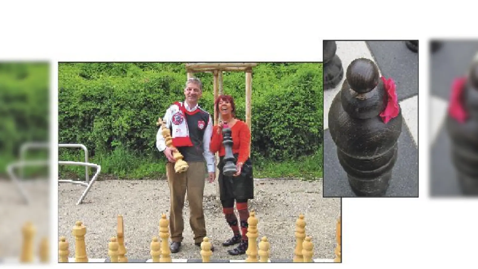 Günter Schütz von der Schachabteilung des FC Bayern und Melly Kieweg freuen sich auf viele Teilnehmer bei der Eröffnung der Freiluftschach-Saison.	Für Anfänger ist die Dame unmissverständlich markiert. 	 (Foto: hw)
