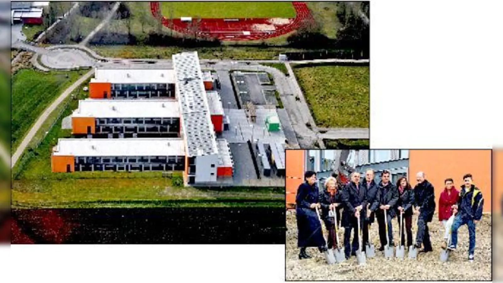 Vom F zum E: So wie in dieser Montage wird die Mittelschule im April 2014 aussehen; der unterste Gebäudetrakt ist im Entstehen. Rechts der erste Spatenstich Ende letzten Jahres.	Montage: Architekturbüro Rentz,  (Foto: bb)