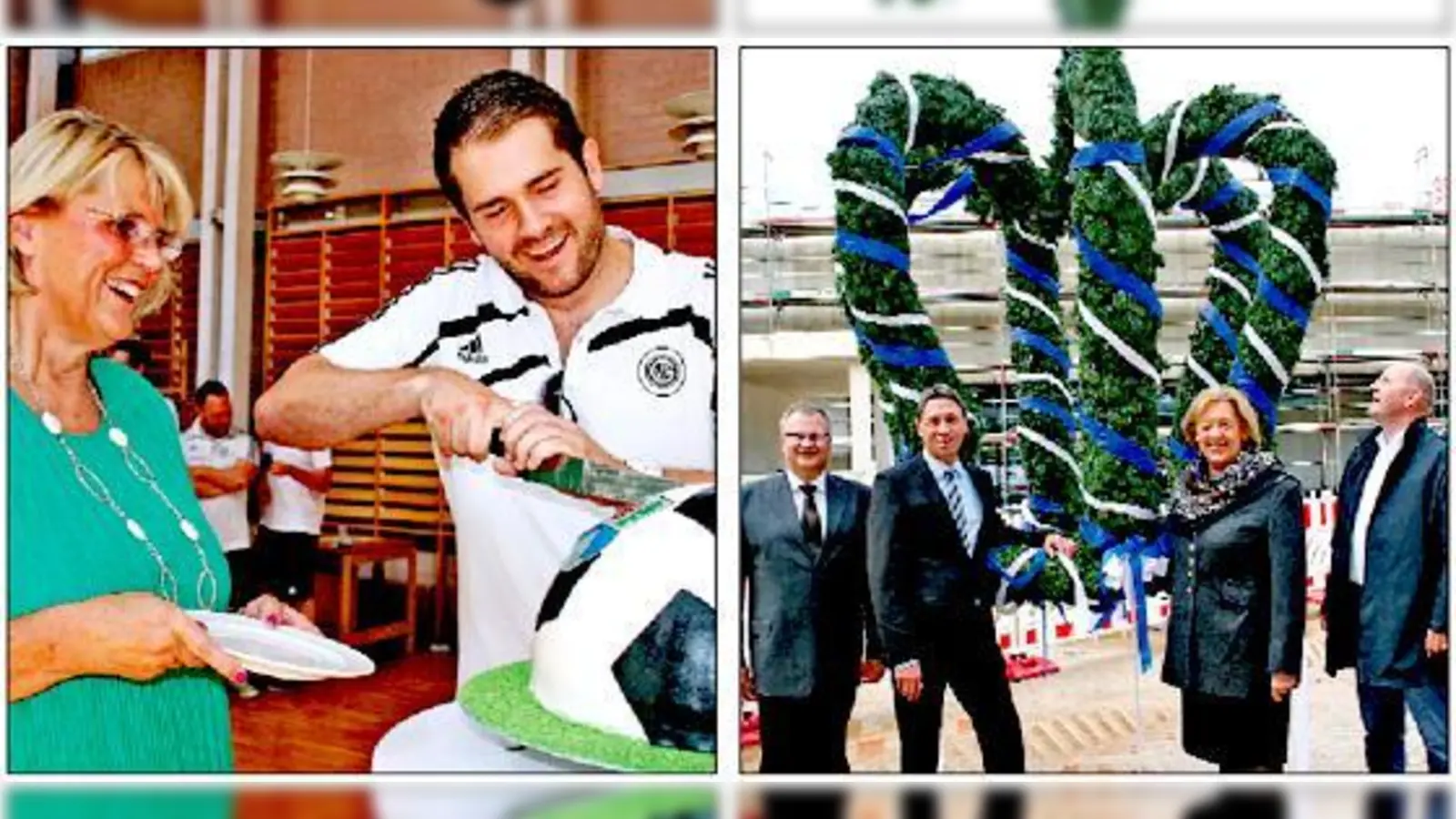 Eine Fußballtorte von der Stadt Garching gab es für den Aufstieg des VfR in die Bayernliga (Foto l.). Richtfest für die erste FOS/BOS im Landkreis wurde im Oktober in Unterschleißheim gefeiert. 	 (Fotos: ws)