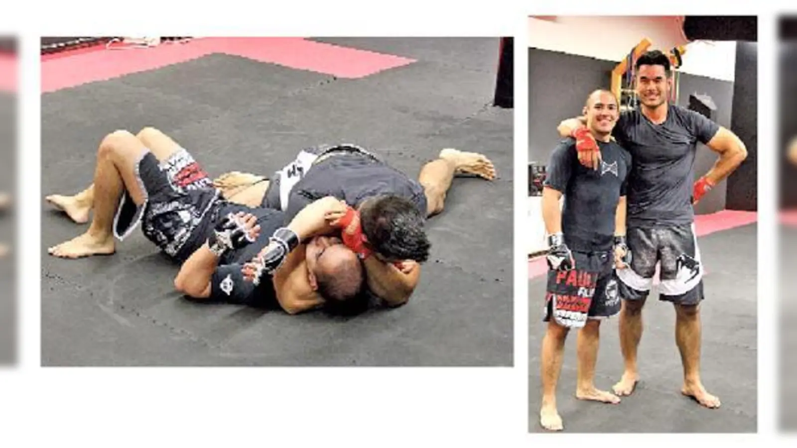 Tino Hildebrand (kl. Foto links) und Daniel Tonke (r.) üben aneinander ihre Grappling-Technik. Sie sind auch außerhalb des Trainings gut befreundet.	 (Foto: sk)