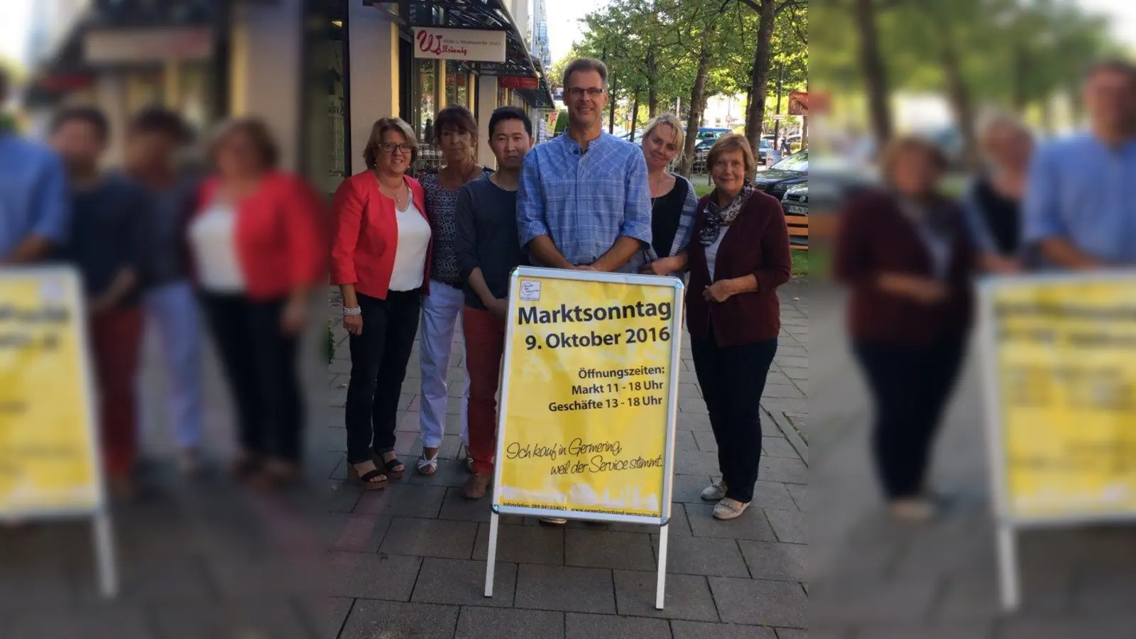 Die Einzelhändler freuen sich schon auf einen bunten, abwechslungsreichen Marktsonntag: v. l.: Gisela Tillard (Bingo Jeans), Sonja Moral-Garcia (Bingo Jeans), Quang Sang Tran (Savi´s Nails), André Wolf (Fischmarkt Germering), Susanne Haas (Wollsinnig) und Ruth Wirthmann (Tee-Spezialitäten-Eck). (Foto: ve)