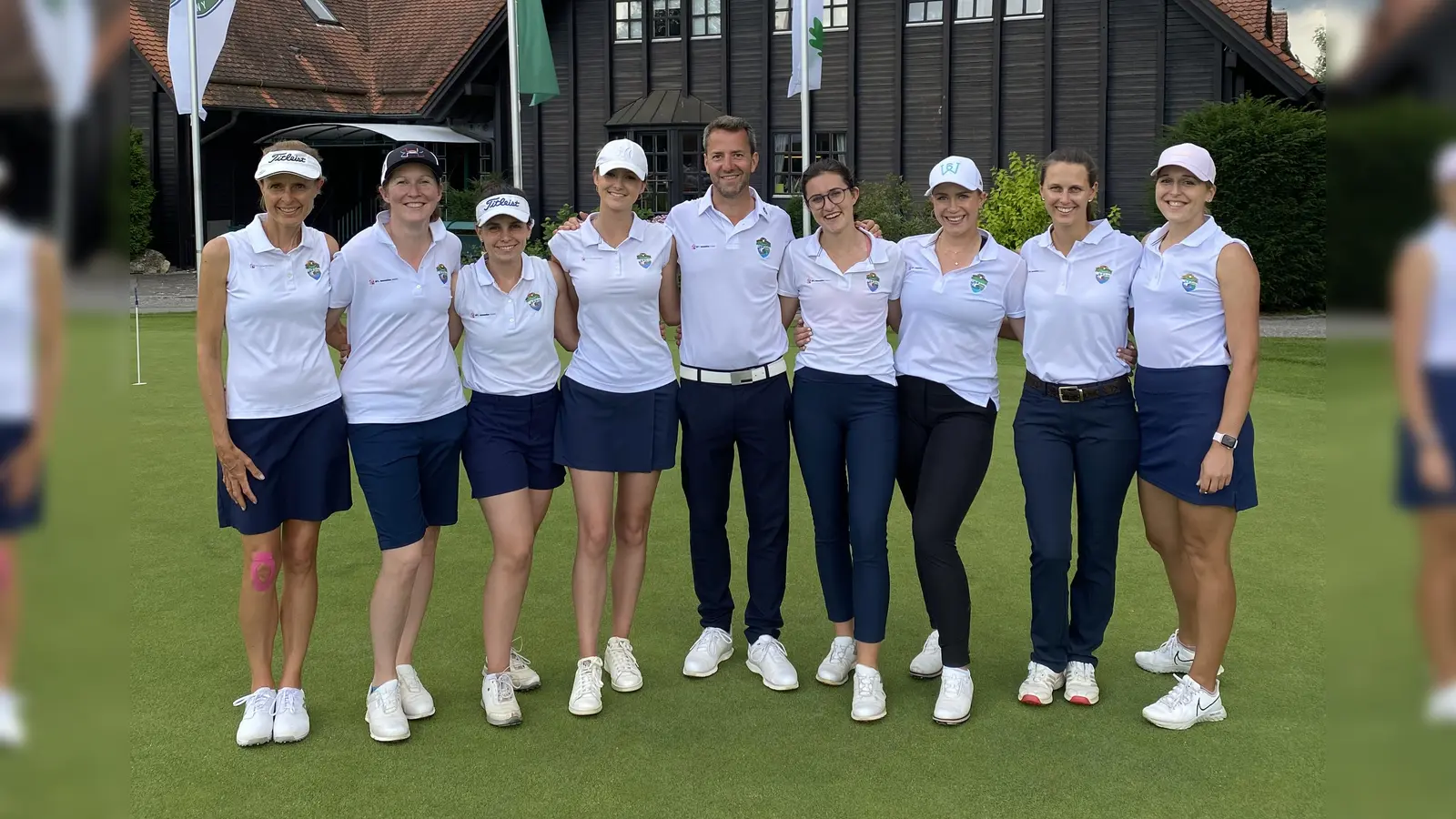 Die Damenmannschaft freut sich mit ihrem Trainer über den Erfolg (von links): Captain Angela Kurz, Michele Holzwarth, Ramona Neumann-Mangoldt Madeleine Orlowski, Max Baumgart, Julia Weber, Selina Weiher, Johanna Modrack und Nicola Schuster. (Foto: Golfclub Starnberg)