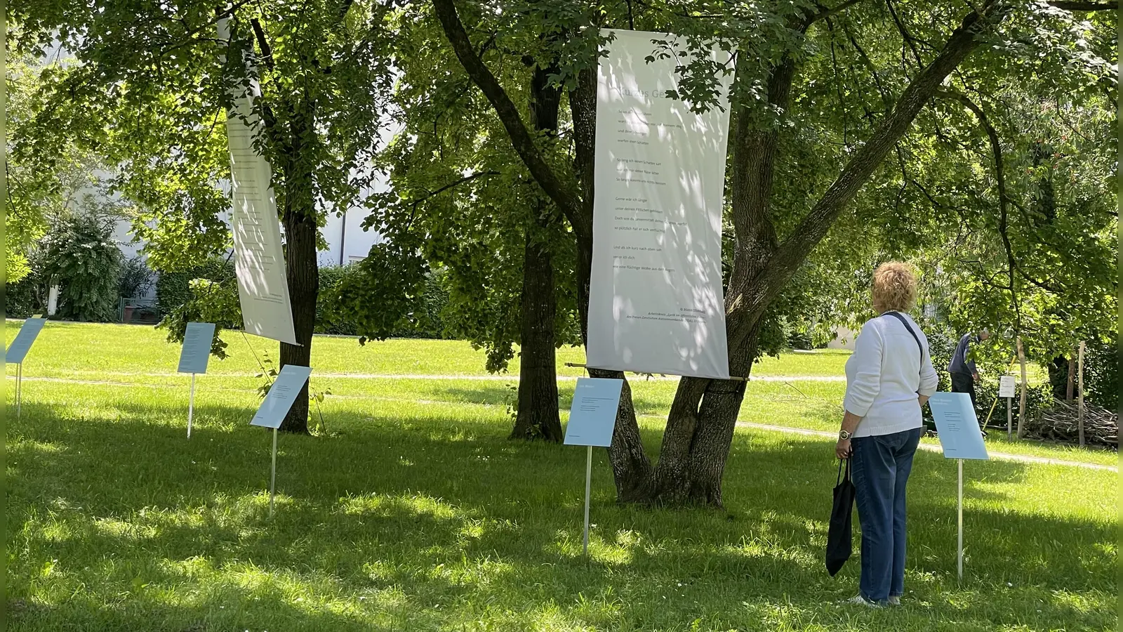 Aufmerksam studiert diese Besucherin im Gilchinger Rathauspark die Fahnen mit den Gedichten. (Foto: pst)