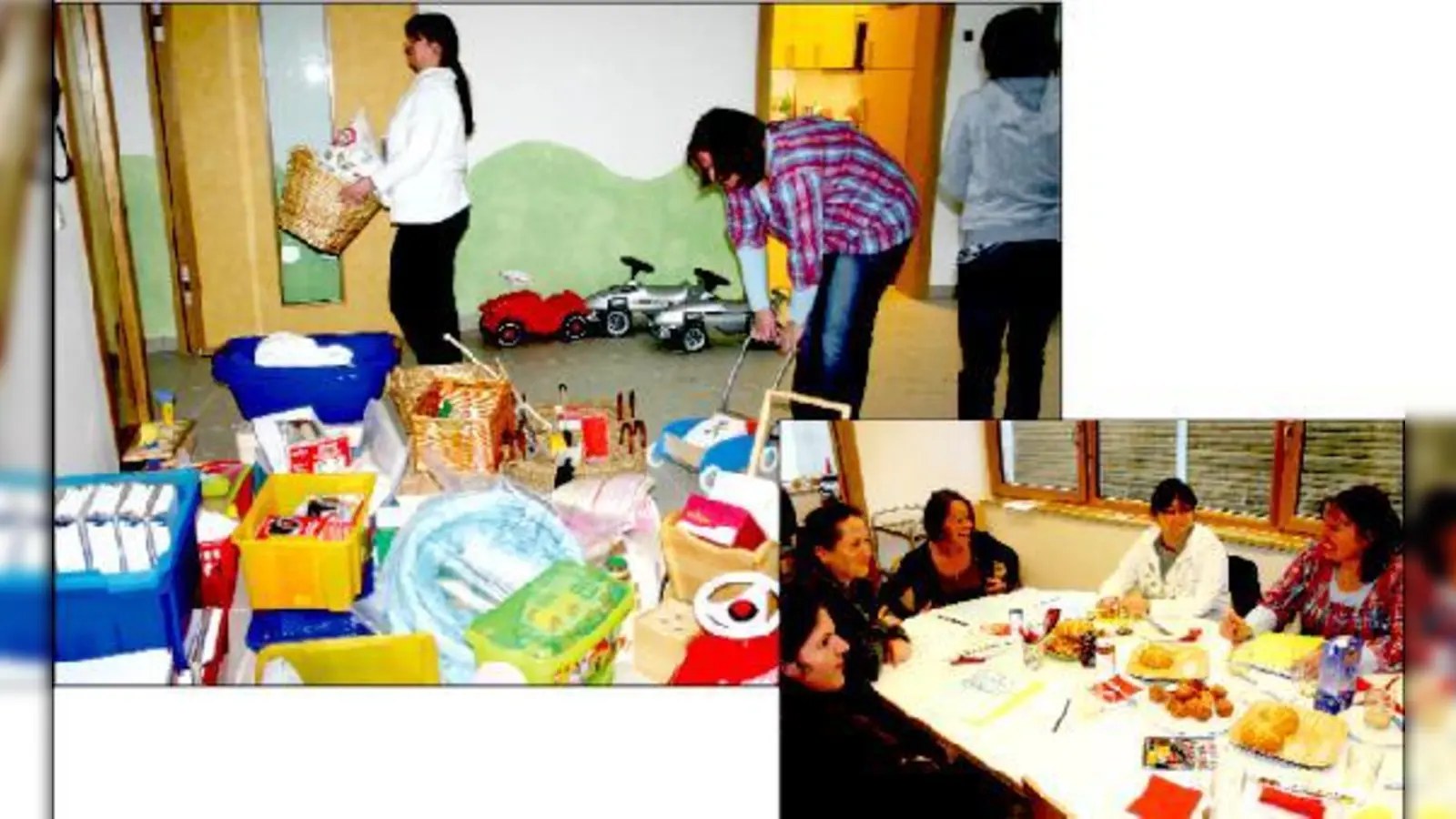 Noch sind nicht alle Spielsachen an ihrem Platz (oben). Letzte Besprechungen vor dem Start: Krippenleiterin Rettenberger (dritte von links) bespricht das Arbeitskonzept mit ihrem Team.	 (Fotos: gh)