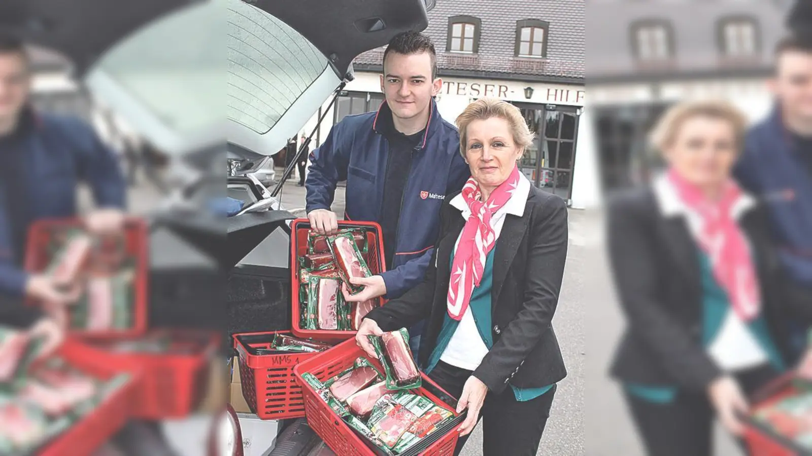 Tolle Spende: Gleich drei große Einkaufskörbe bis an den Rand gefüllt mit Schwarzwälder Schinken hat die Malteser Mitarbeiterin Claudia Luetkecosmann in Empfang genommen.	 (Foto: Malteser)