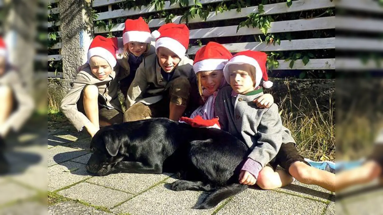 Die Kinder der Familie Schumacher  v. l.: Caspar (10), Augusta (6), Moritz (13), Anthonia (10), Jacob (8)  und die Kinder des Blindeninstituts hoffen, dass Chester wieder auftaucht. 	 (Foto: priv.)