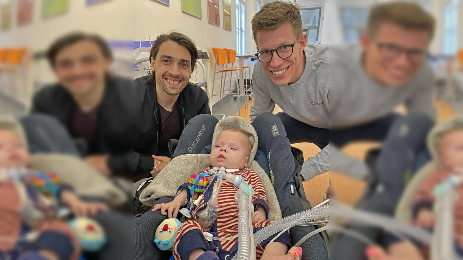 Markus Schwabl (l.) von der SpVgg Unterhaching und Nicolas Feldhahn von den FC Bayern Amateuren unterstützen gerne die Aktion für den kleinen Leo.  (Foto: SpVgg)