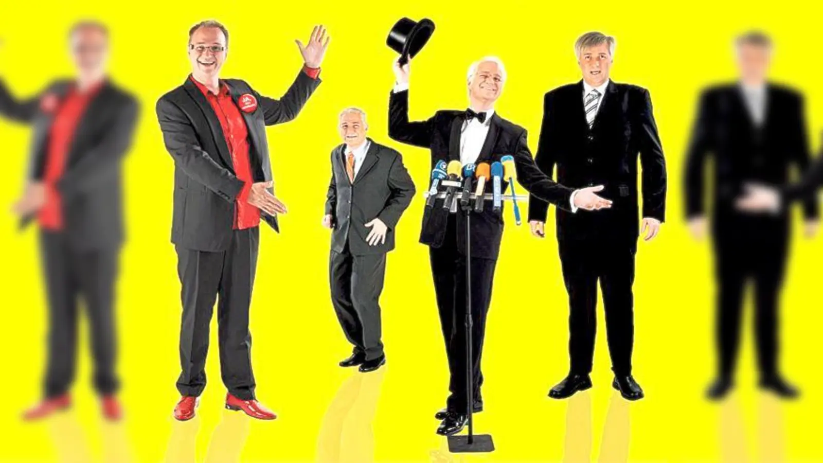 Wolfgang Krebs steht als drei Ministerpräsidenten in der Pöringer Limone auf der Bühne.	 (Foto: VA)