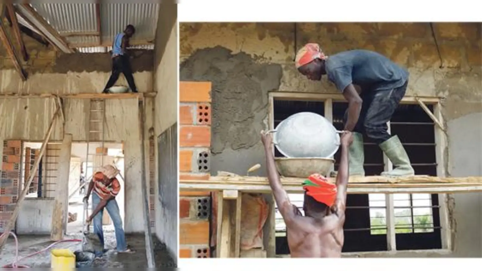 Alles Handarbeit und die Dorfgemeinschaft hat kräftig mitgeholfen, den Kindergarten zu verputzen. Foto links: Teilweise abenteuerlich, aber das Gerüst hat gehalten.  (Foto: friends without borders)