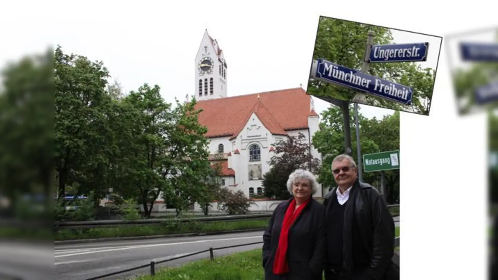 Werner Lederer-Piloty und Petra Piloty wollen den Platz vor der Schwabinger Erlöserkirche in das Ensemble der Münchner Freiheit integrieren. (Foto: ko)