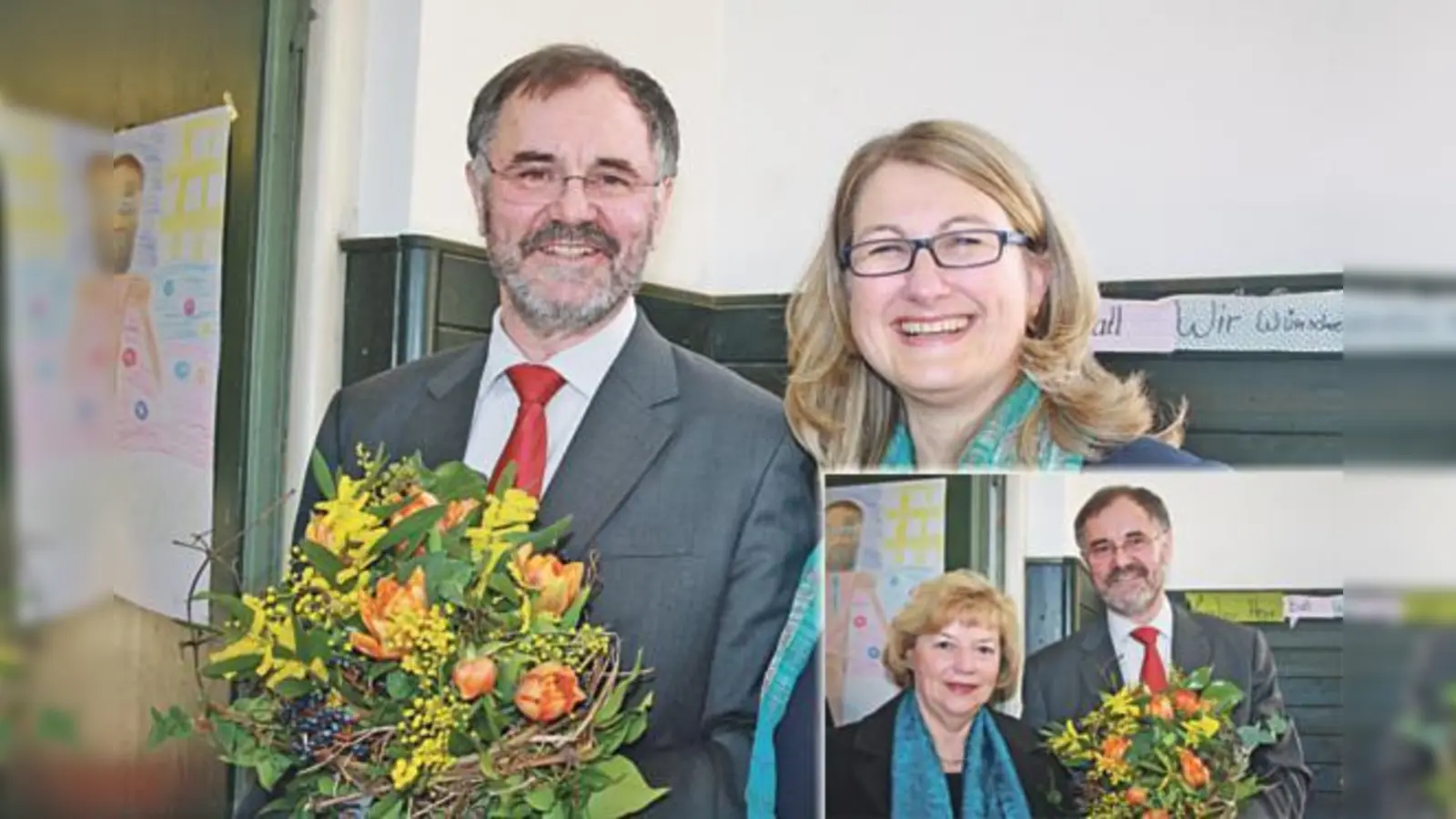 Günther Bartl mit seiner Nachfolgerin Sabine Keramati bei der Abschiedsfeier in der Turnhalle der Schule und Schulleiter Günther Bartl mit der BA-Vorsitzenden Johanna Salzhuber. 	 (Fotos: js)
