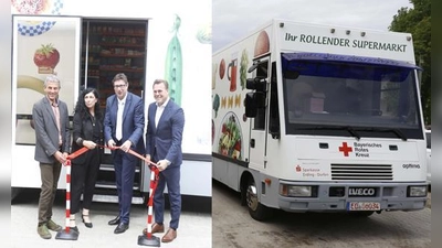 So sieht er aus: Der rollende Supermarkt, der ab sofort im Kreis Erding auf Tour geht. 43 Stationen sind es im Kreisgebiet. Franz Hofstetter, Gisela van der Heijden, Martin Bayerstorfer und BRK-Kreisvize Jürgen Loher (v. li.) nahmen ihn in Betrieb.  (F: kw)