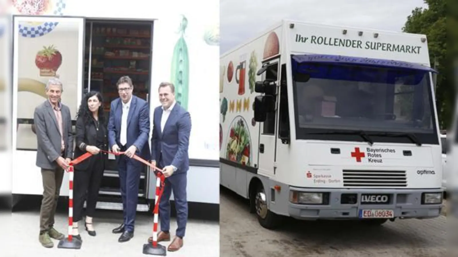So sieht er aus: Der rollende Supermarkt, der ab sofort im Kreis Erding auf Tour geht. 43 Stationen sind es im Kreisgebiet. Franz Hofstetter, Gisela van der Heijden, Martin Bayerstorfer und BRK-Kreisvize Jürgen Loher (v. li.) nahmen ihn in Betrieb.  (F: kw)